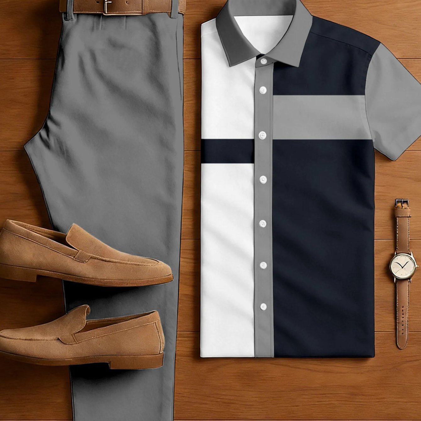 Image of 2pcs Set [summer New] Men's Casual Fashion Loose Shirt And Pants Set Sports Suit - Short-sleeve Button-up Top And Pants