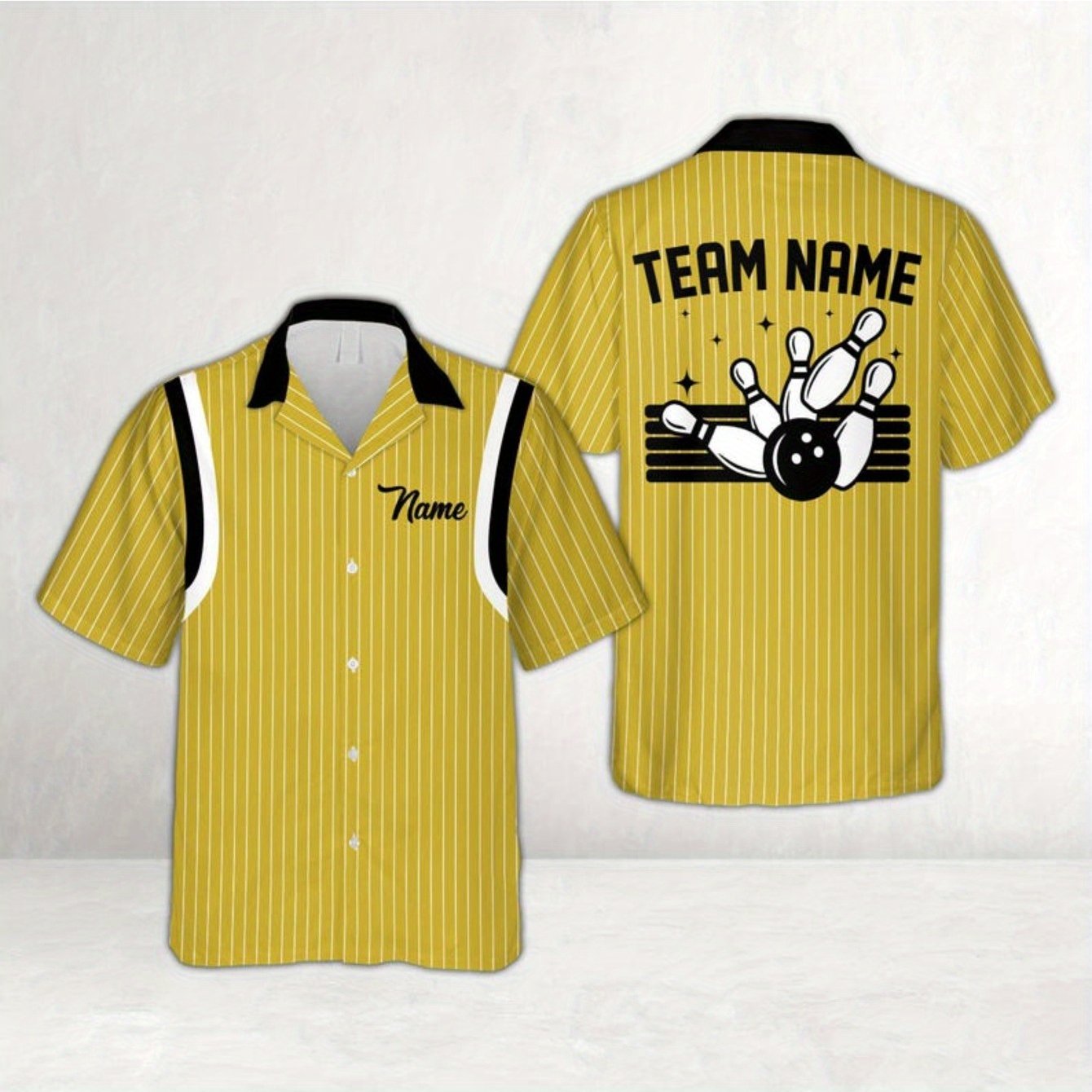 TEMU Personalized Hawaiian-style Bowling Shirt With Custom Name, Featuring Retro Stripes And A Button-, Perfect For Matching Bowling Teams And As A