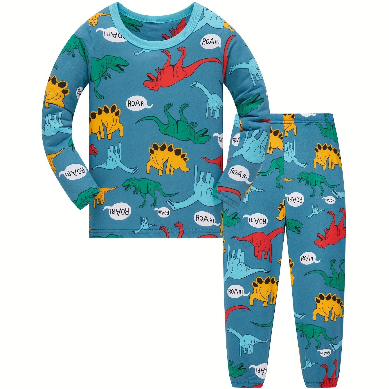 Boys' Long-sleeve Long-pants Air-conditioning Pajama Set, Spring/summer New Arrival, Light Blue With Cute Dinosaur Pattern, Comfortable Casual Base Layer, 2pcs Set