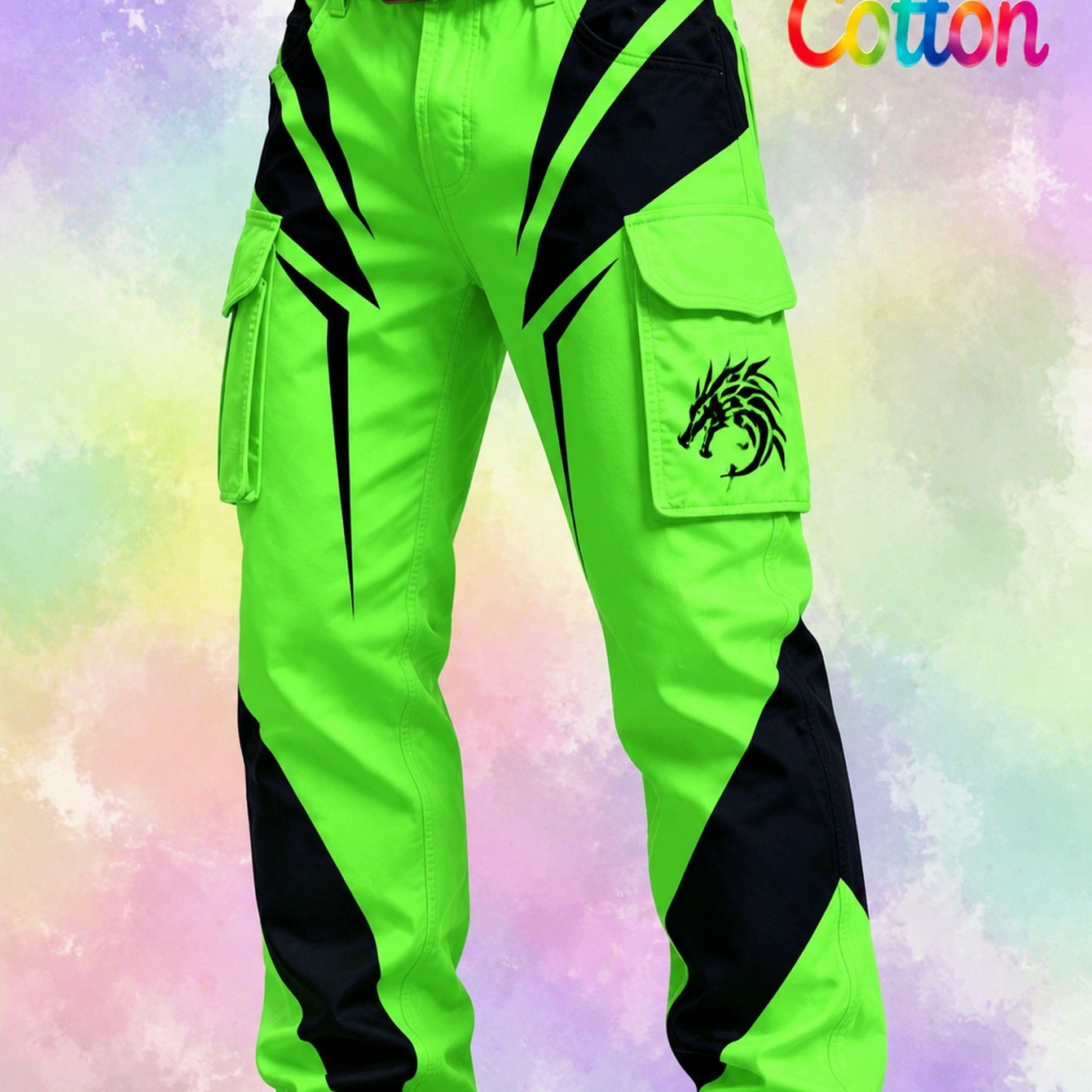 Men's Fashion Cotton 3d Printed Work Pants (without Belt): Casual Versatile Men's Casual Pants In Neon Green