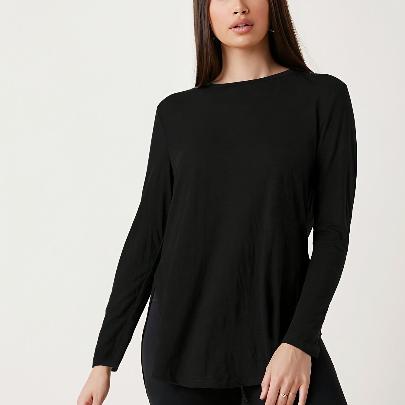 TEMU Women's Casual Long Sleeve T-shirt - Solid Color, Crew Neck, Stretchy Polyester Blend, Machine Washable - Spring & Fall