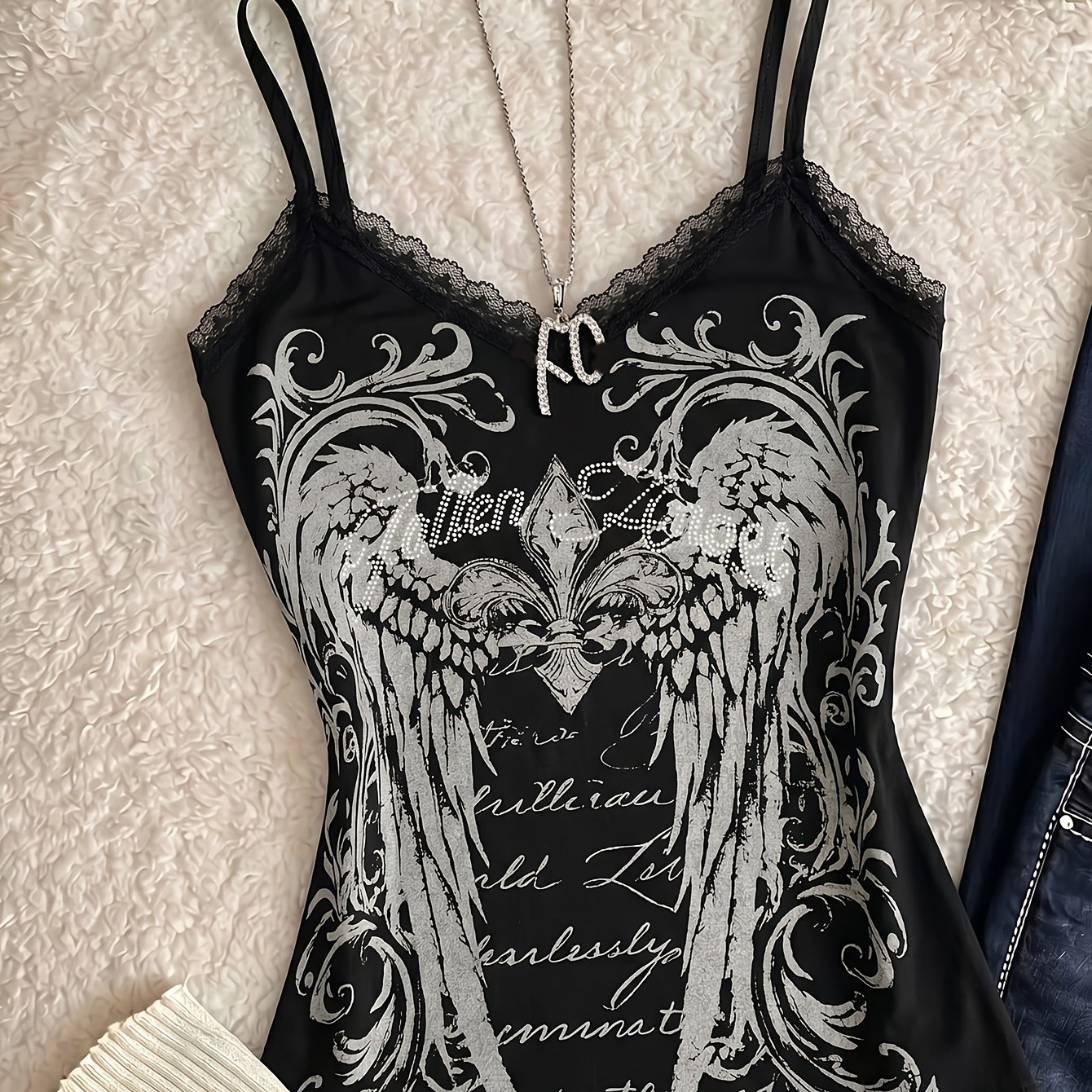 TEMU Summer Style Vintage Wing Print V-neck Cami Top, Aesthetic Slim Fit Spicy Thin Strap Top