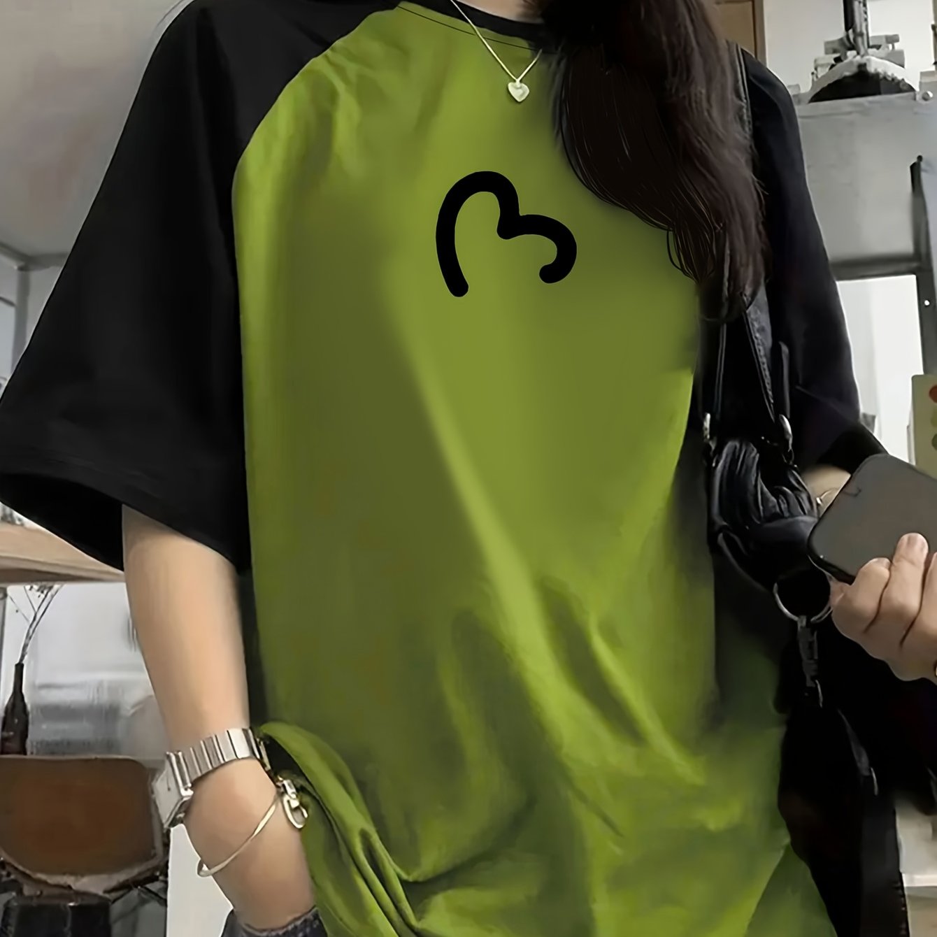 TEMU Women's Summer Fashion Loose-fitting Pullover Short-sleeve T-shirt With Contrast Color Raglan Sleeves And Heart Print