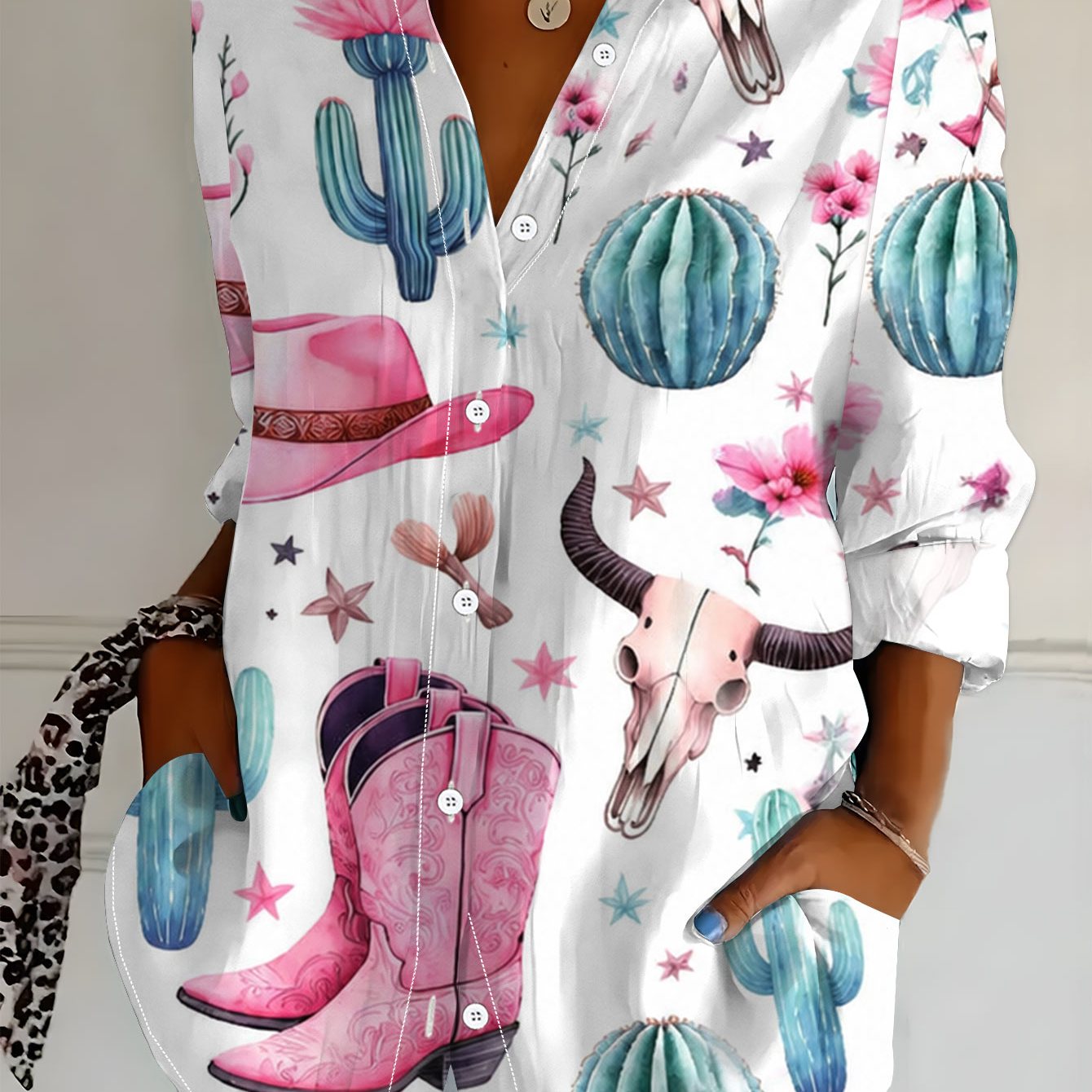 TEMU Plus Size Women's Long Sleeve Shirt Western Style Printed Loose Shirt Cowboy Hat Element Mid-length Women's Long Sleeve Collared Shirt Fresh