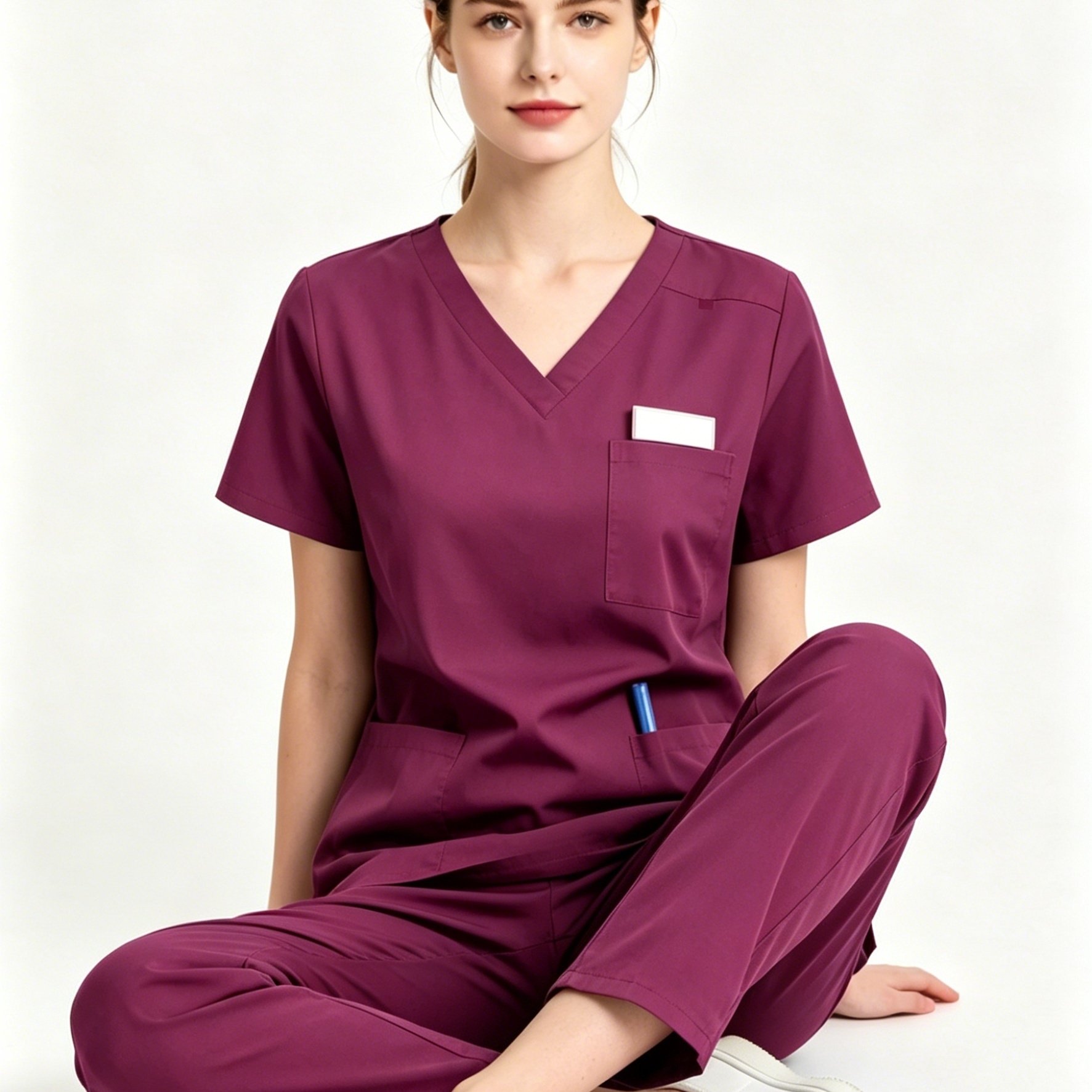 TEMU Ensemble 2 pièces pour femme : pull à col en V et pantalon long, poches fonctionnelles, uniforme d'infirmière à manches courtes, tenue médicale,