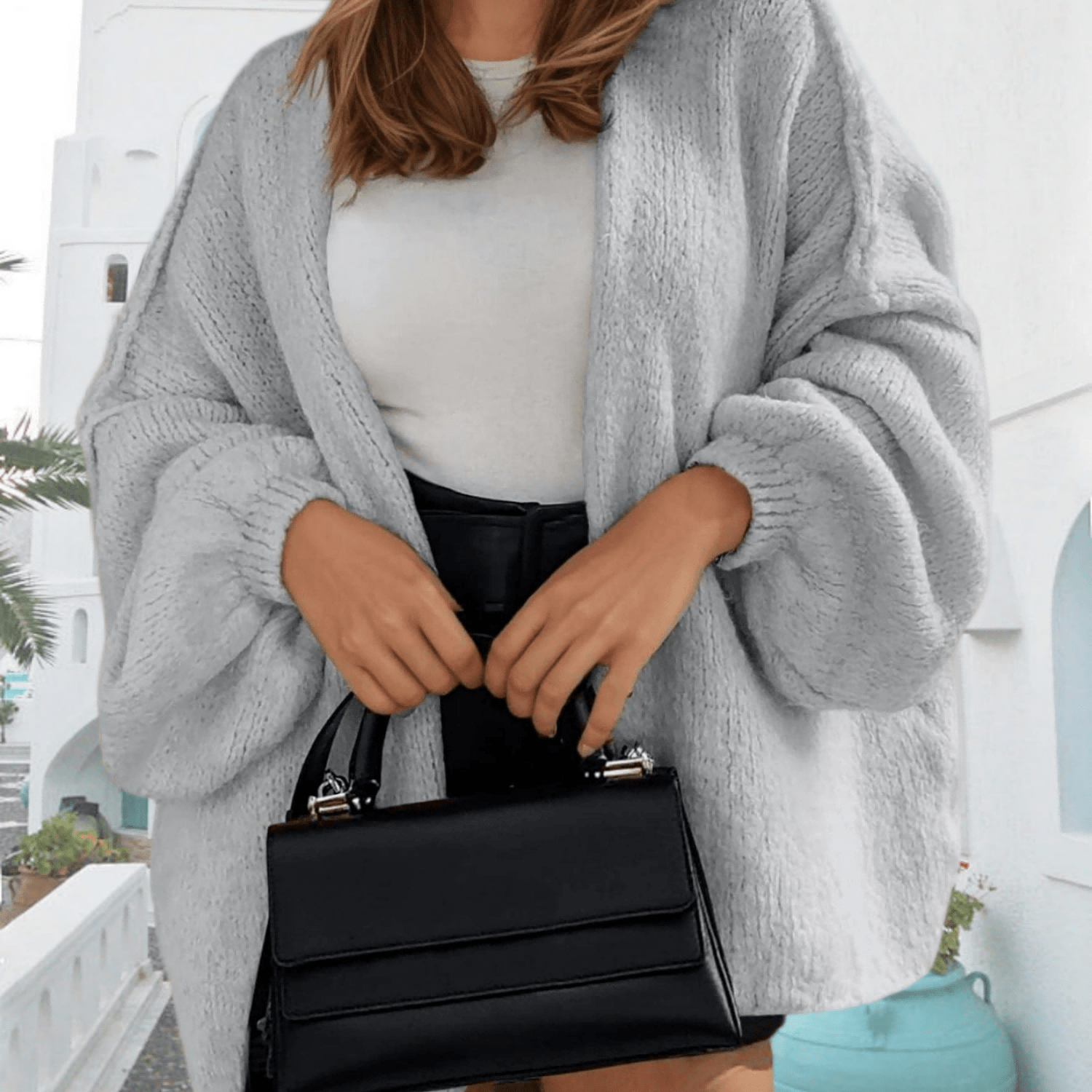 Women's Autumn Winter Oversized Chunky Open Front Lantern Sleeve Cardigan | , Solid Color, Regular Fit, Half Sleeve, Stretch Fabric