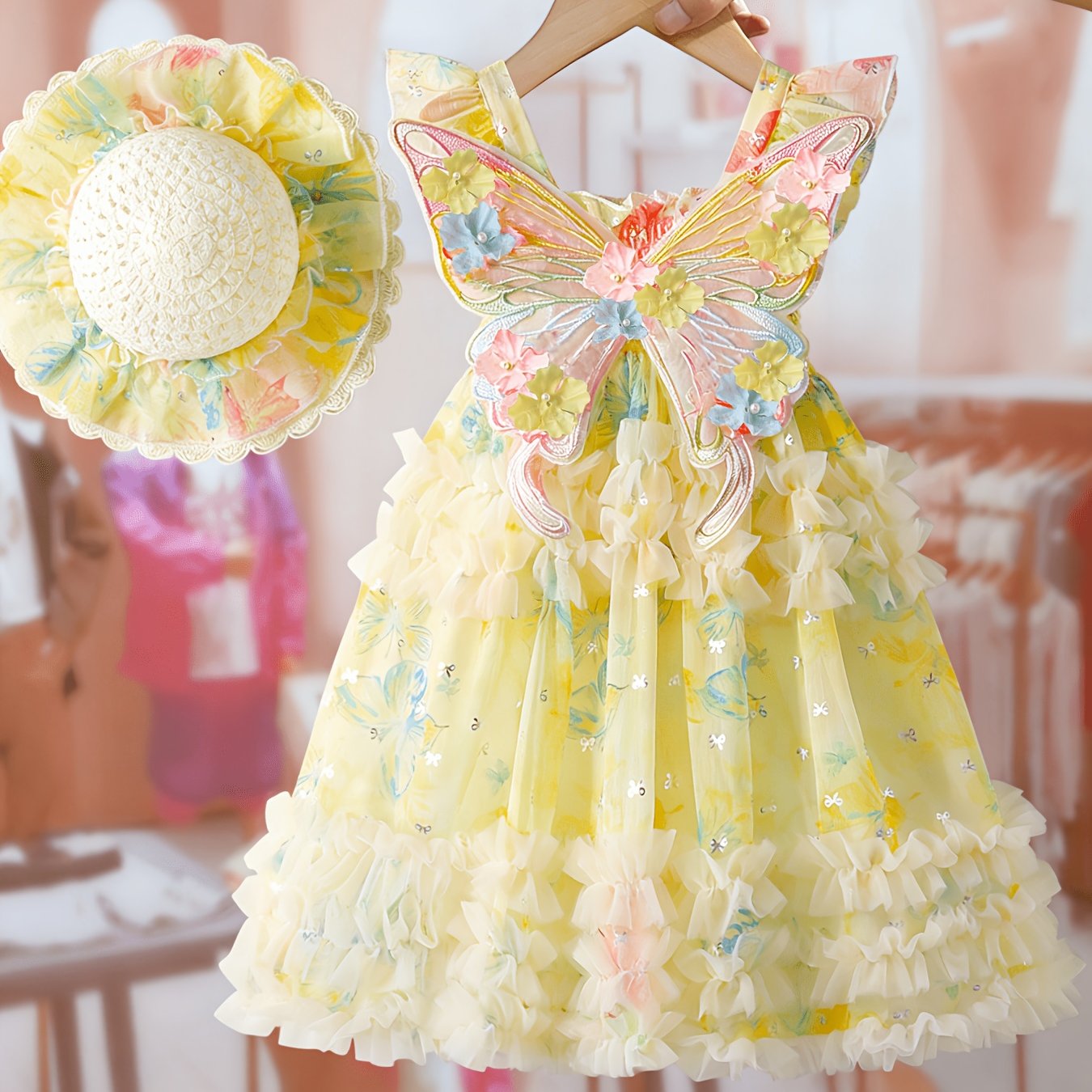 Image of Girl's Summer New Arrival Floral Princess Dress, Baby Bow Suspender Dress, Bohemian Skirt. Includes Matching Hat. Large Bow Decoration In Random Colored Patterns