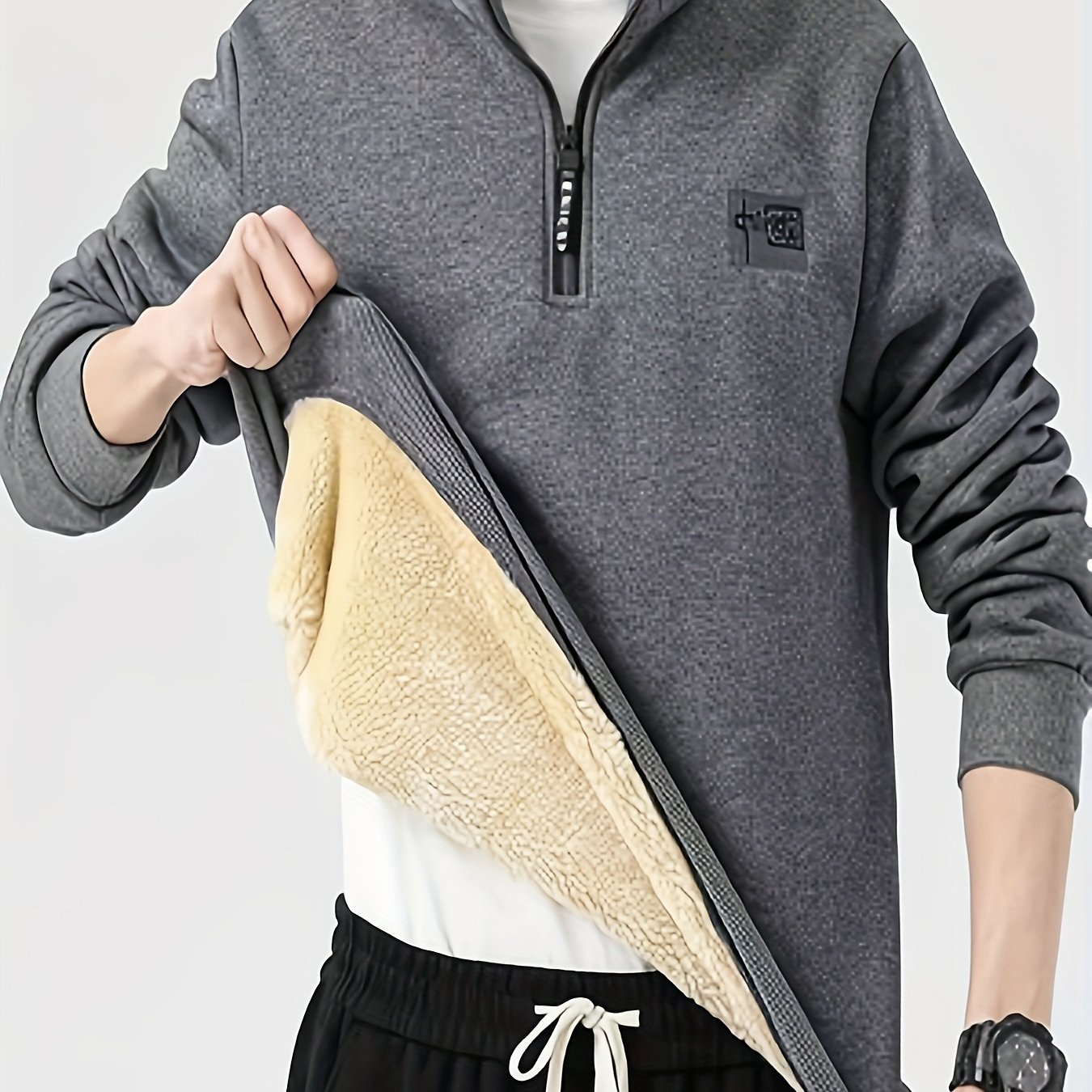 Мужскаямоднаяоднотоннаятолстовкасмолниейначетвертьнафлисовойподкладке,повседневныйпуловерстандартнойпосадкинавеснуиосень