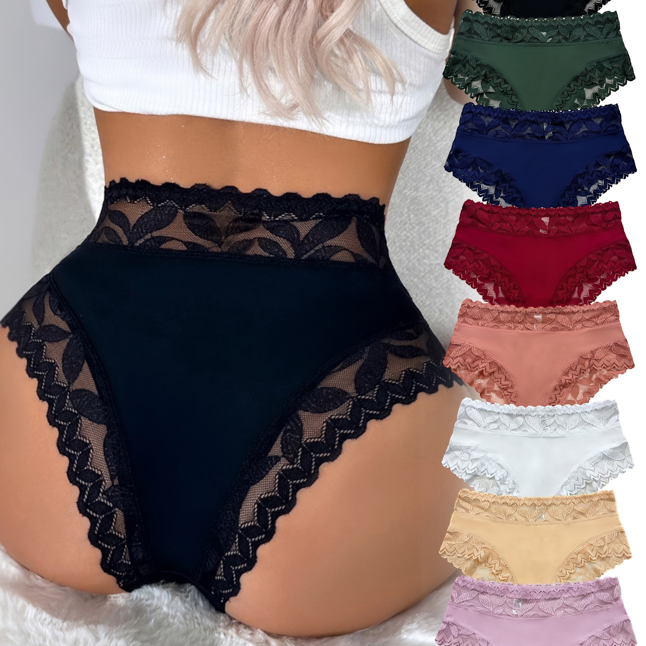 8pcs (8pcs) 8-pack High-waisted Lace Underwear - Full Coverage Solid Color Panties With Lace Trim, Non-sheer Briefs, Suitable For Casual Attire & Special Occasions, Hand Washable Elegant Lace Panties