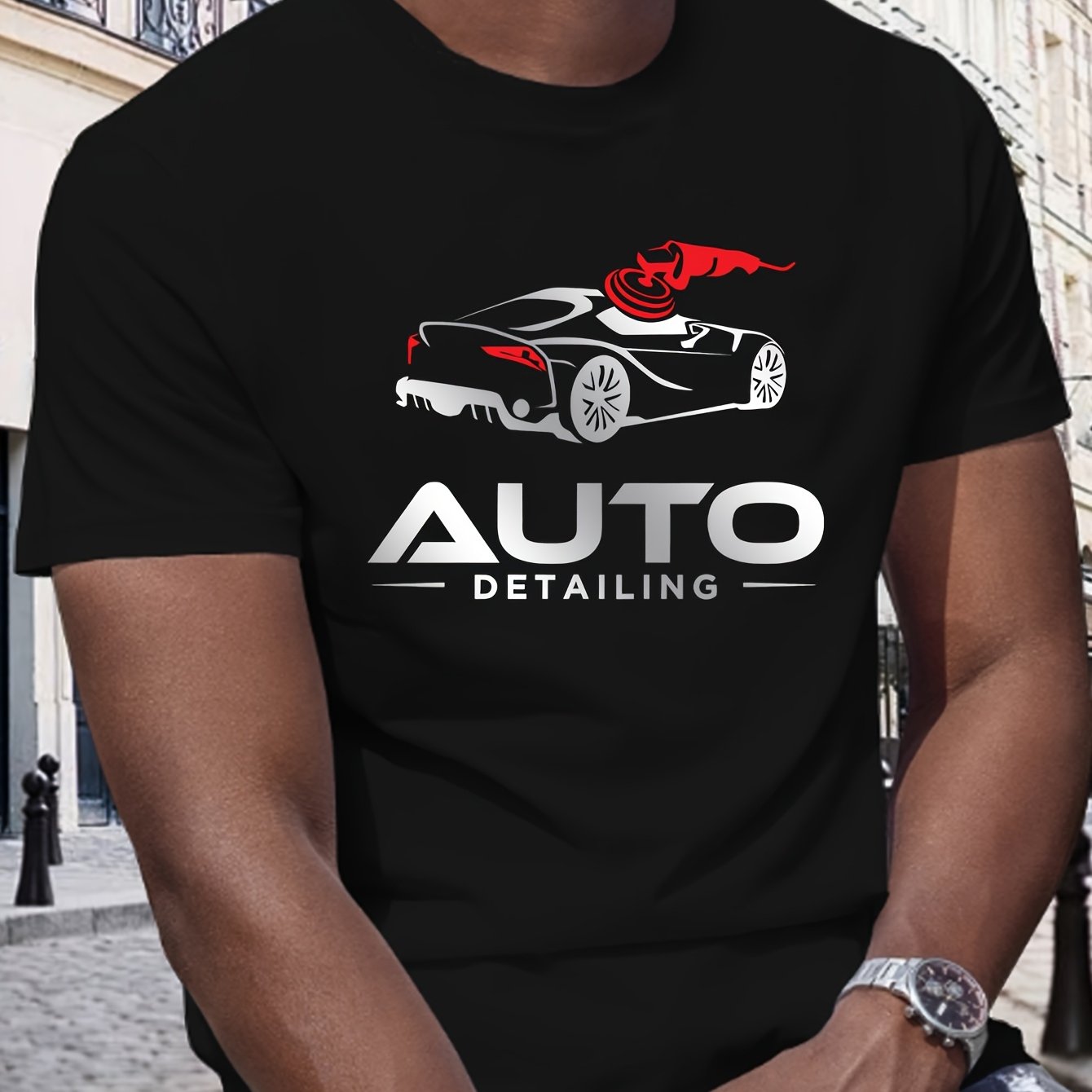 TEMU Men's Auto Graphic T-shirt - Racing With Auto Detailing Text - Black Tee For Car Enthusiasts - Lightweight Summer Shirt - Ideal Auto Detailing