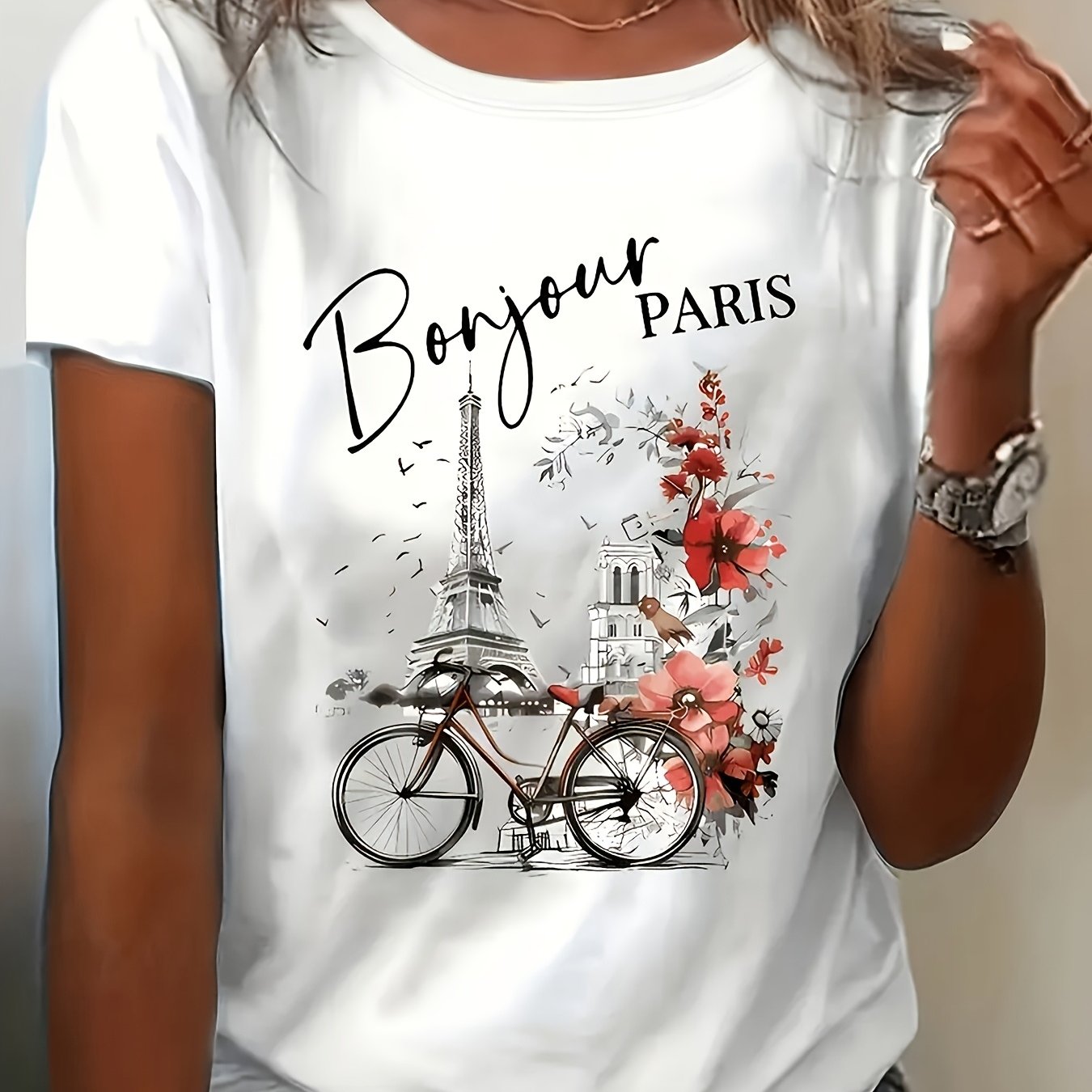 TEMU T-shirt d'été tendance à imprimé décontracté, col rond, manches courtes et coupe
