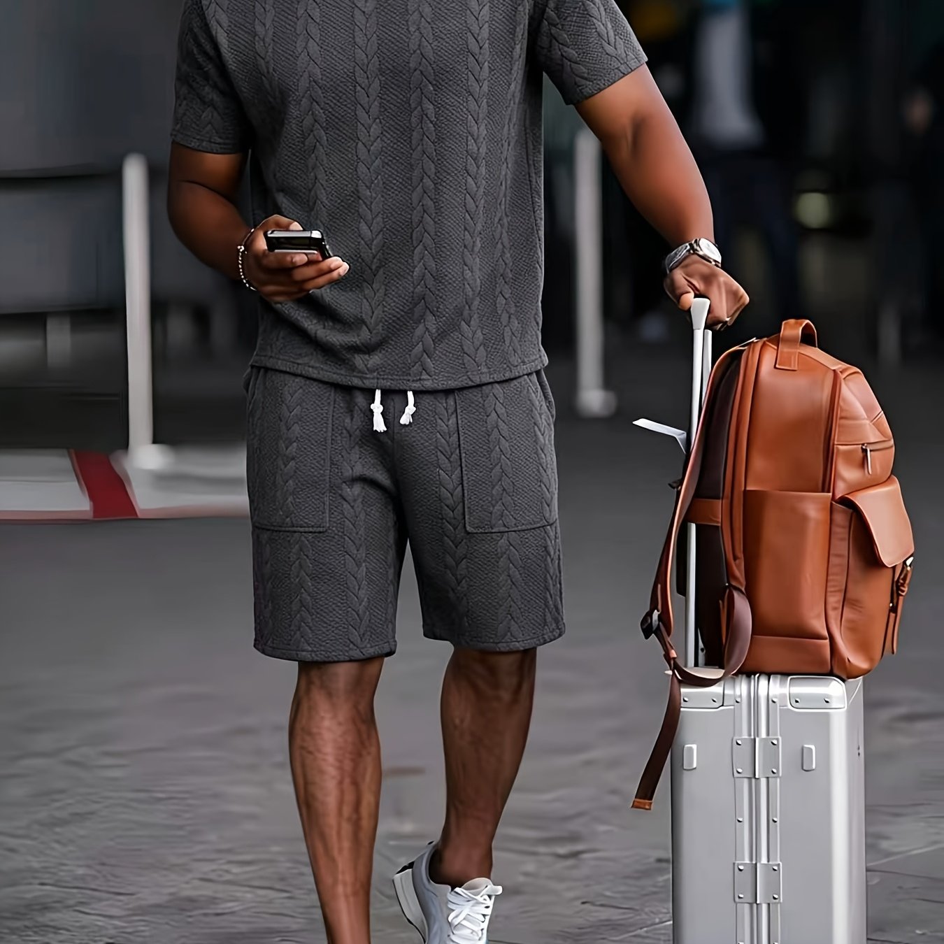 Men's Checkered Knit Jacquard Shirt and Comfortable Shorts Set