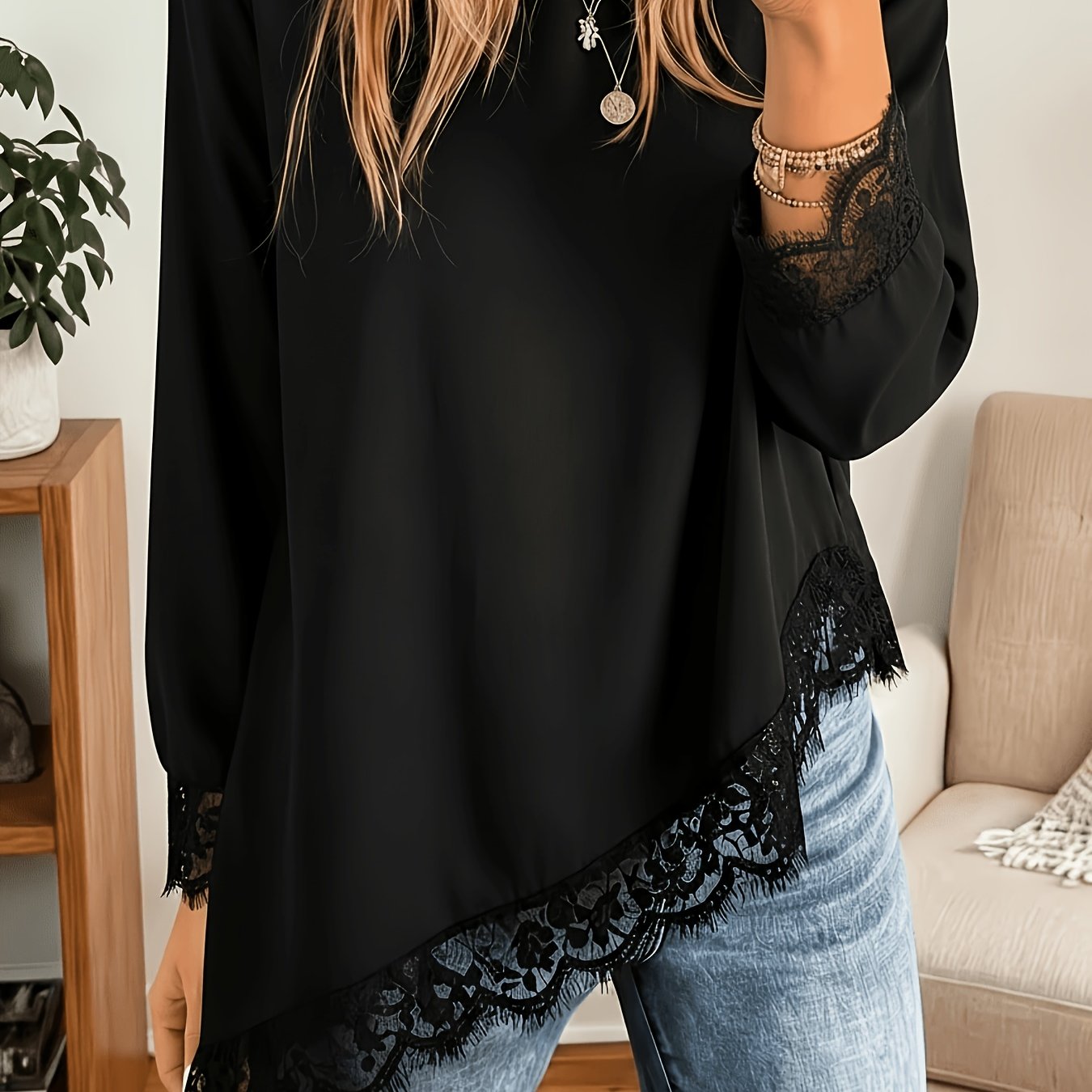 TEMU Elegante camicia casual da donna a con , pizzo e volant, asimmetrica e a maniche lunghe
