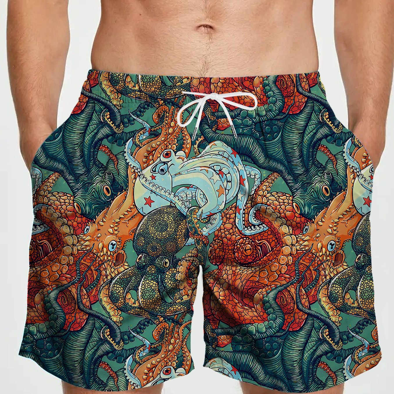 TEMU Men's Quick-dry Swim Trunks With Vibrant Print - Adjustable Drawstring Waist, Lightweight And Breathable For Surfing, Swimming, And Beach Wear -
