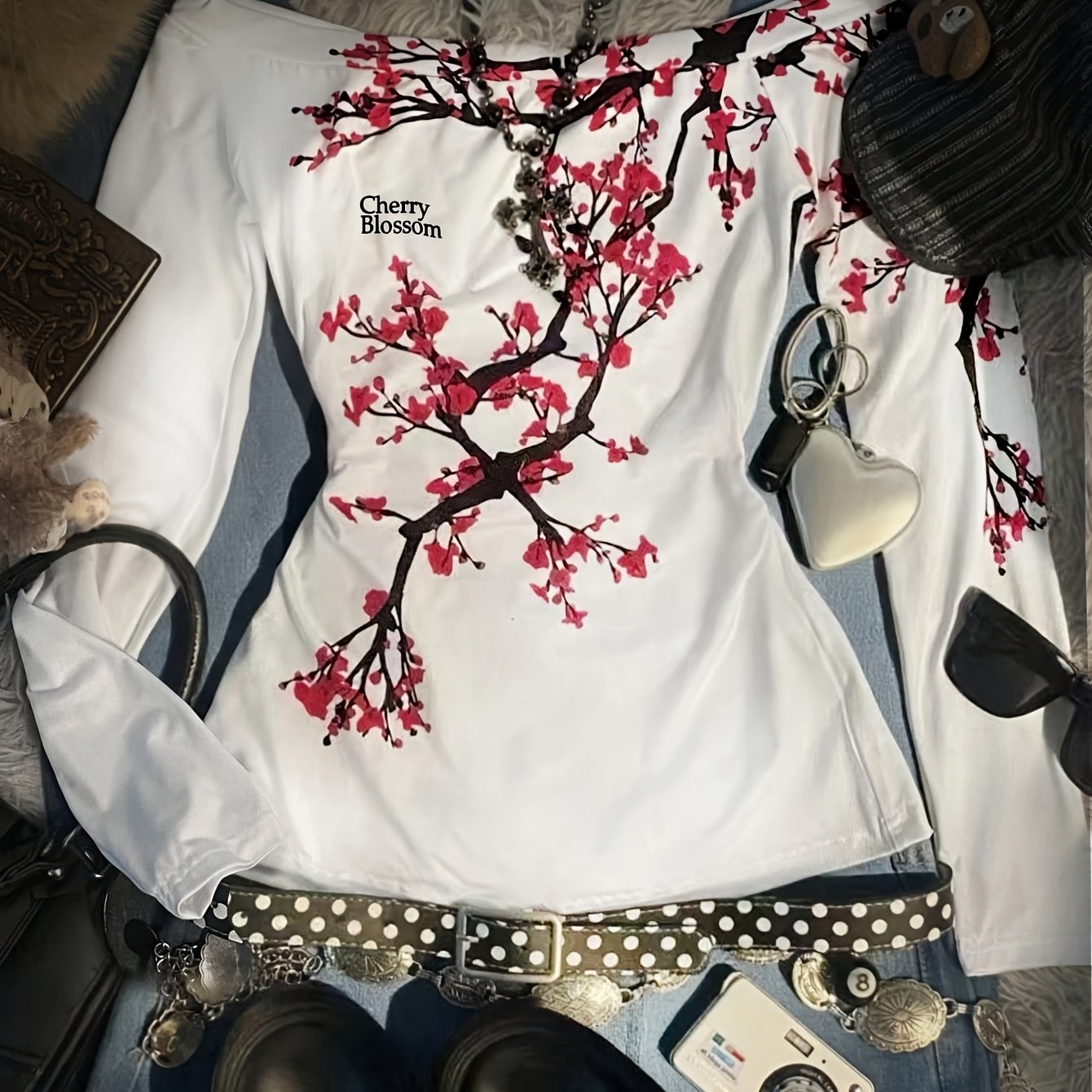 E-shop Pflaumenblüten-Print Vintage Gebogenes One-Shoulder Top Damen Freizeit Langarm Slim-Fit T-Shirt Frühling, Herbst und Winter Dating Pendeln