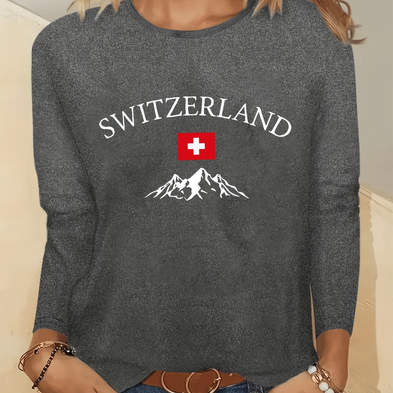 TEMU Women's Switzerland Print Long Sleeve T-shirt - 95% Polyester, 5% Spandex, Crew Neck, Slight Stretch, Knit Sports Top