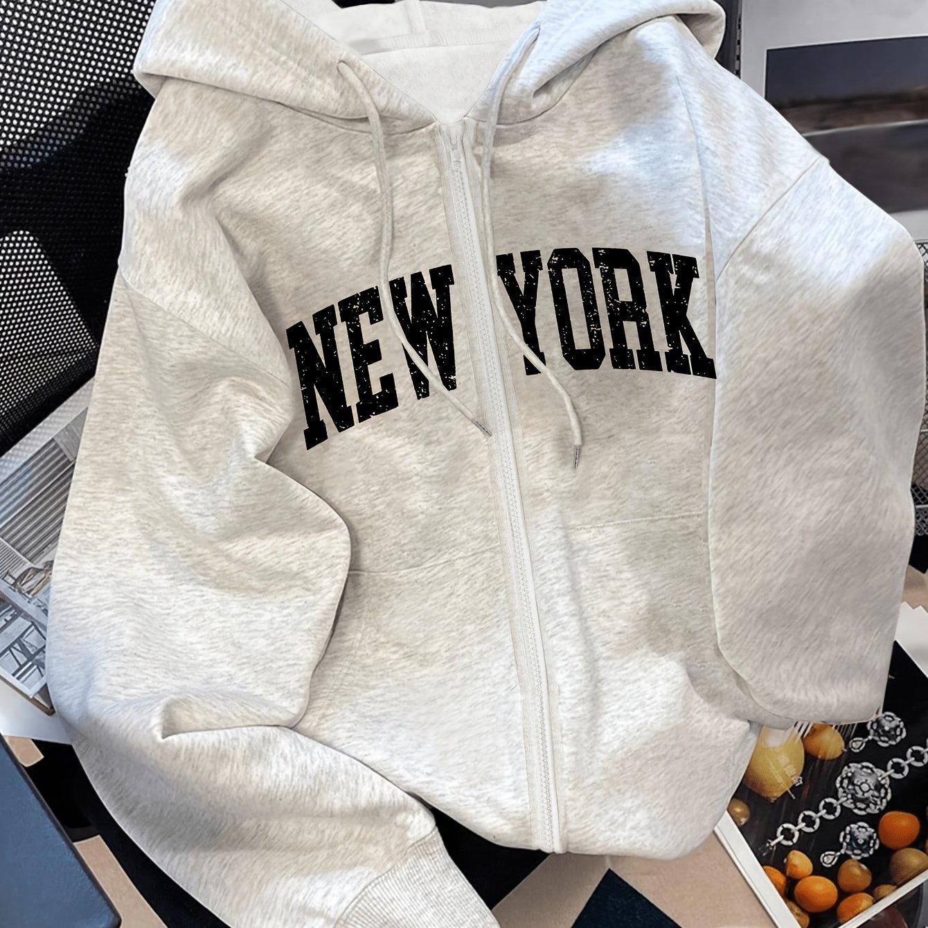 TEMU Sweat à capuche décontracté et polyvalent pour femme, doublé, à fermeture éclair, avec motif imprimé de lettres vintage