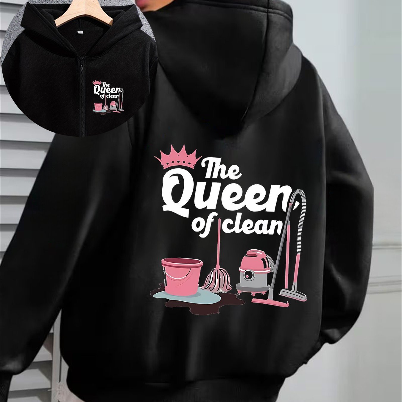 TEMU Fashion Crown Cleaning Tool Print New Style Double-sided Printed Women's Zipper Hooded Sweatshirt Casual Trendy Easy Sporty All-match Individual