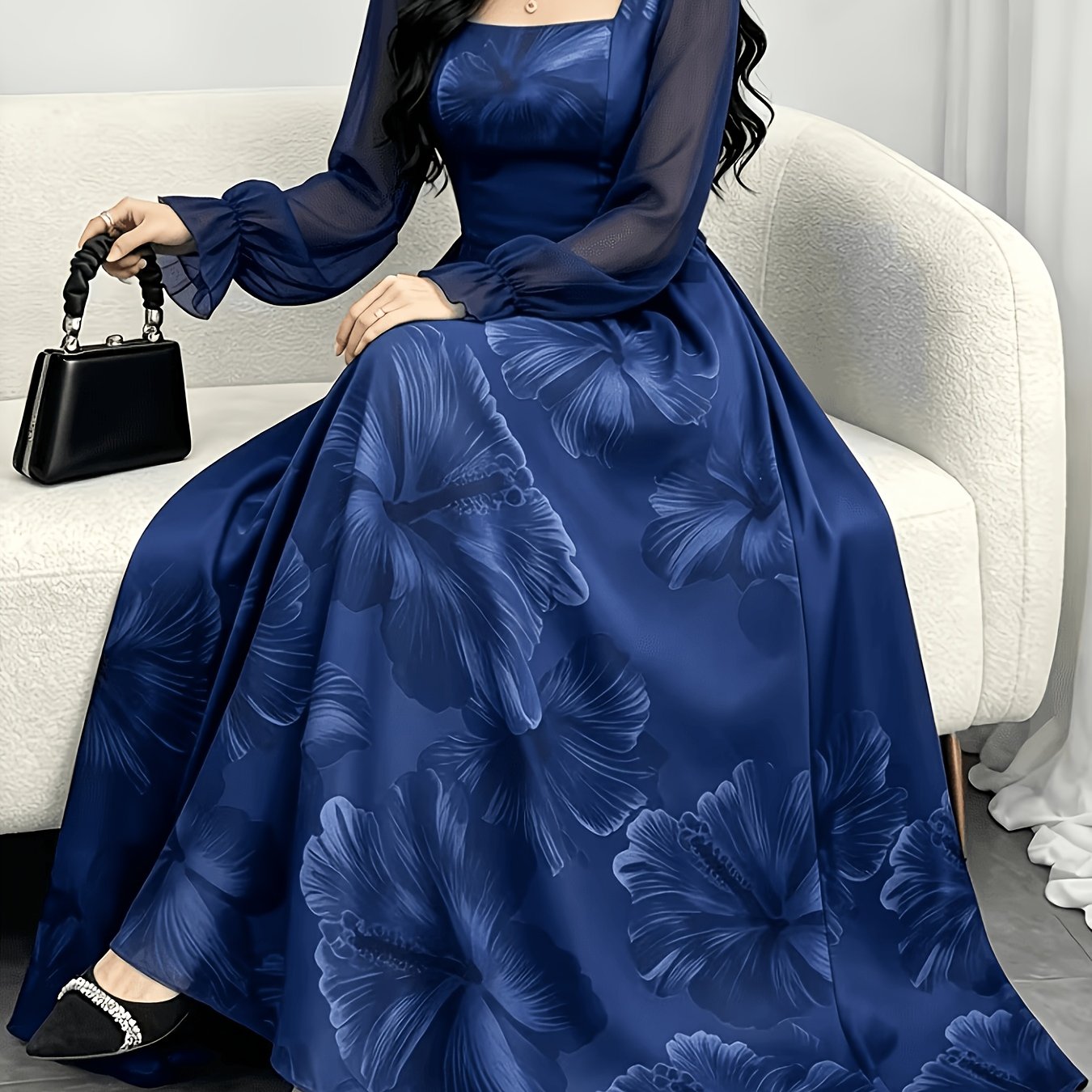 TEMU Elegant Women's Hibiscus Floral Neck Lantern Sleeve Long Dress, Waist-cinching Long Floral Pattern Dress, Suitable For And Daily Wear
