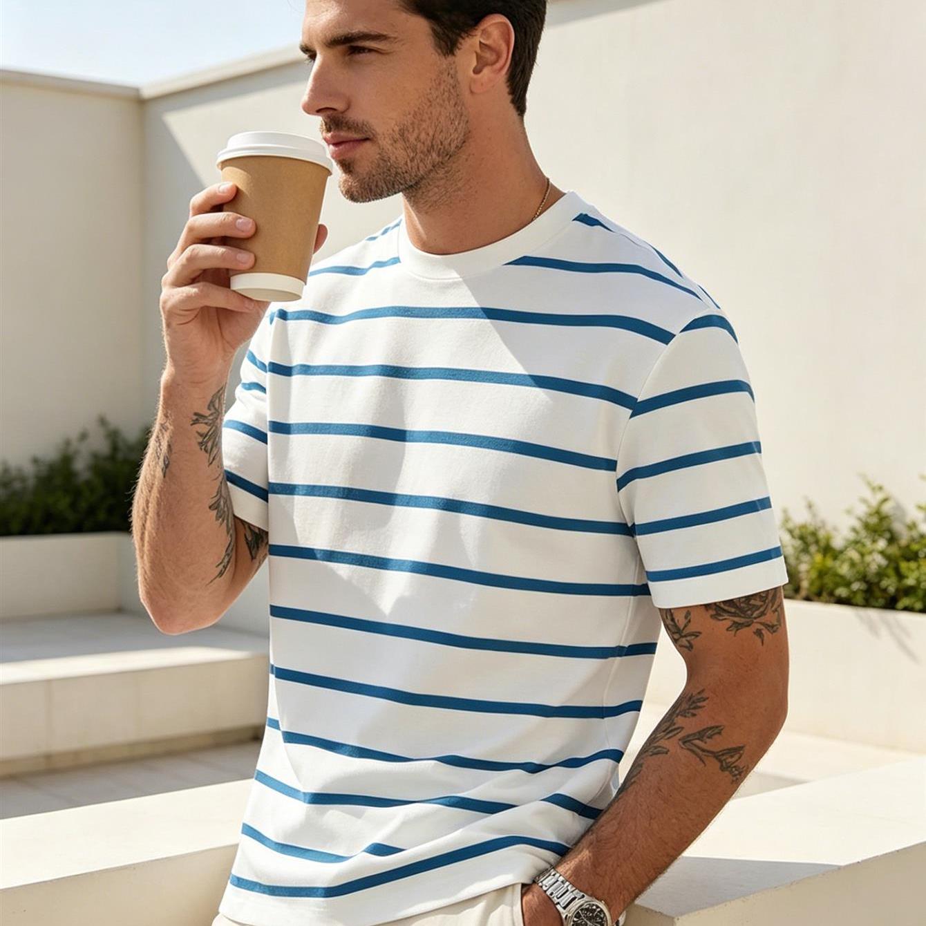 TEMU Printed Design - Non-textured Summer Men's Crew Neck Short Sleeve T-shirt, Fresh Navy Print Top, Soft And Breathable, Versatile For Beach