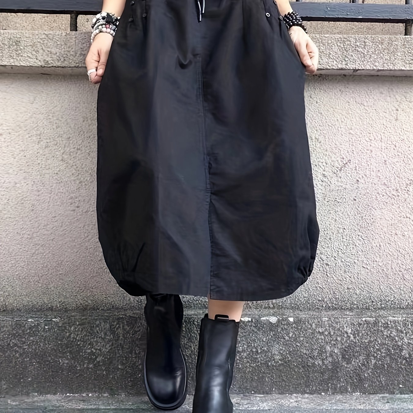 TEMU Ladies' Skirts, Casual, Fashionable, Black, Slit, Flower Bud Skirts, Mid-length, Skirts, Spring And Summer