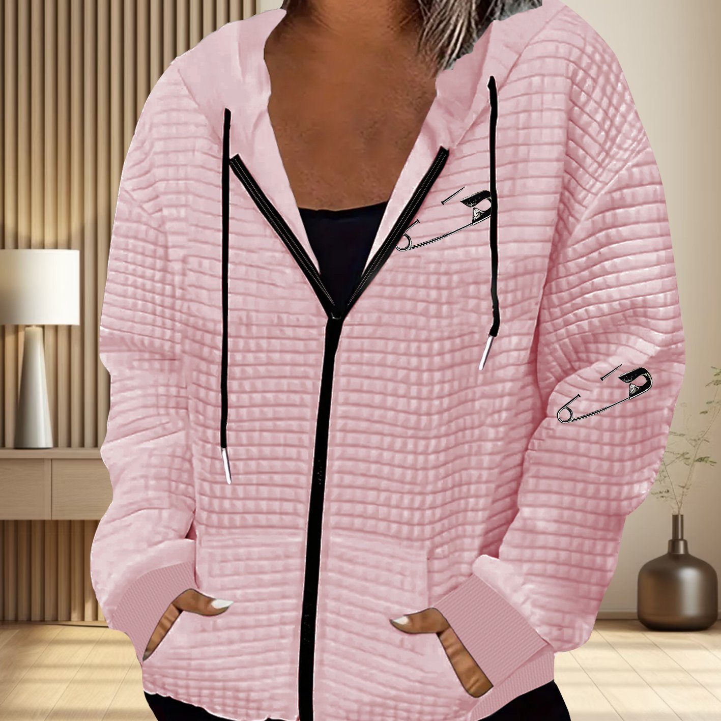 TEMU Pin-pattern Print, Women's Casual Waffle- Zip-up Hooded Jacket With Drawstring - Polyester, Machine Washable