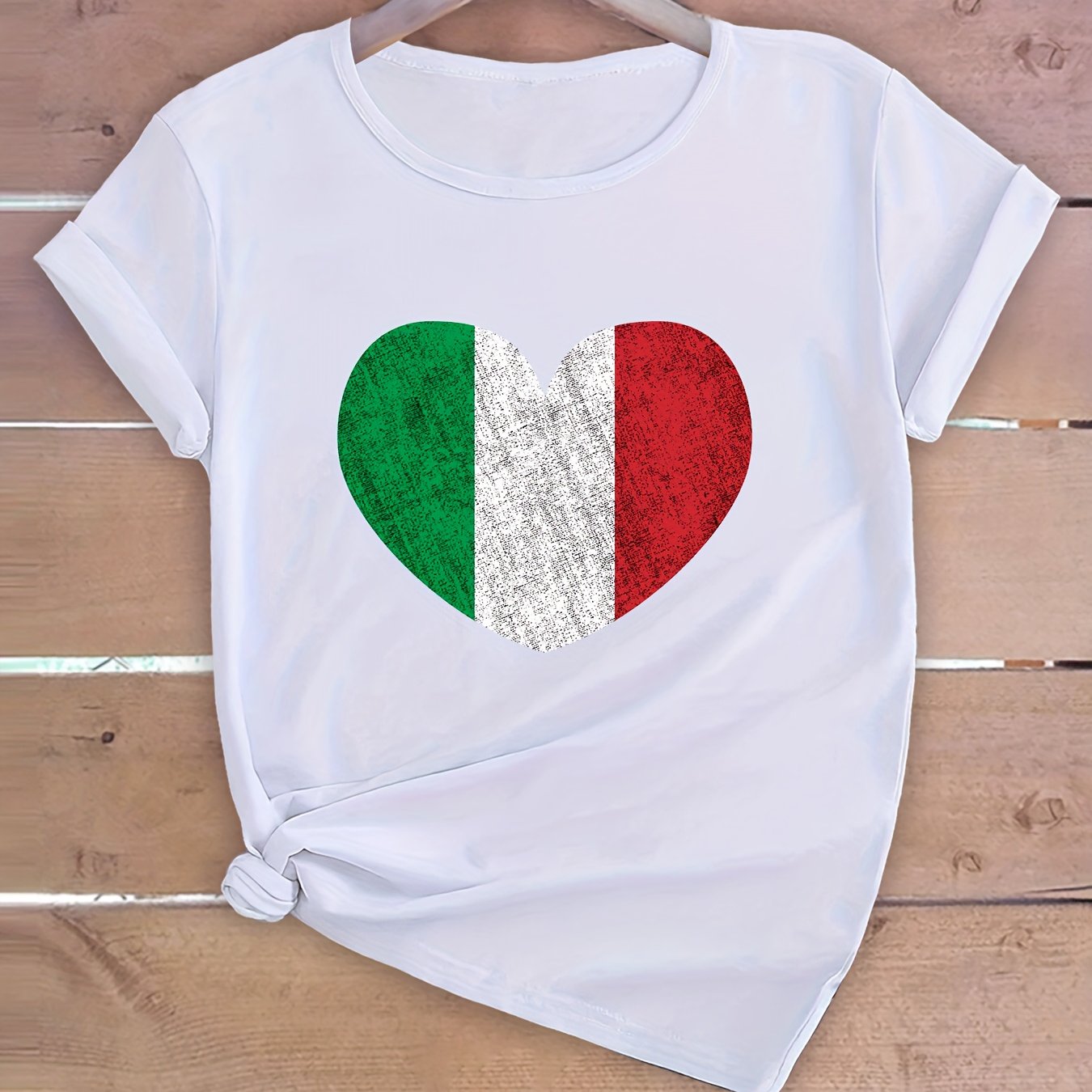 TEMU Maglietta Casual da Donna con Cuore Bandiera Italiana a Maniche Corte - Top Estivo Traspirante con , Lavabile in Macchina & Elasticit� Media per