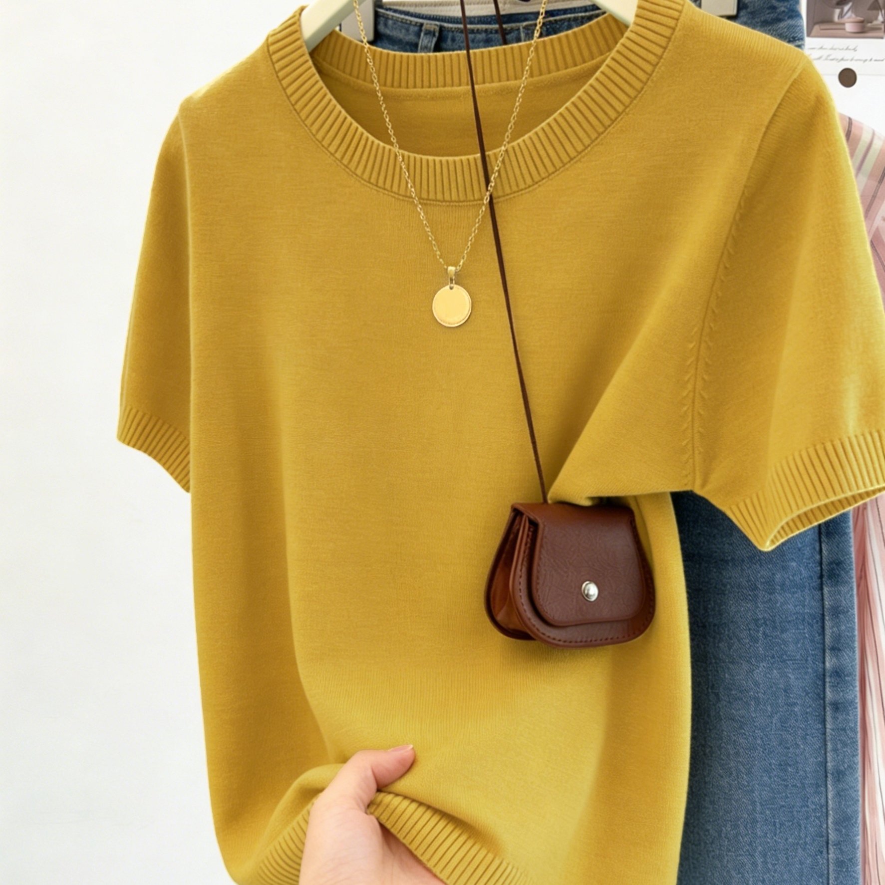 TEMU Women's Short Sweater, Korean Gentle Style Easy Temperament Fabric Classic Round Neck Design Suitable For Spring Summer Festival All-match Loose