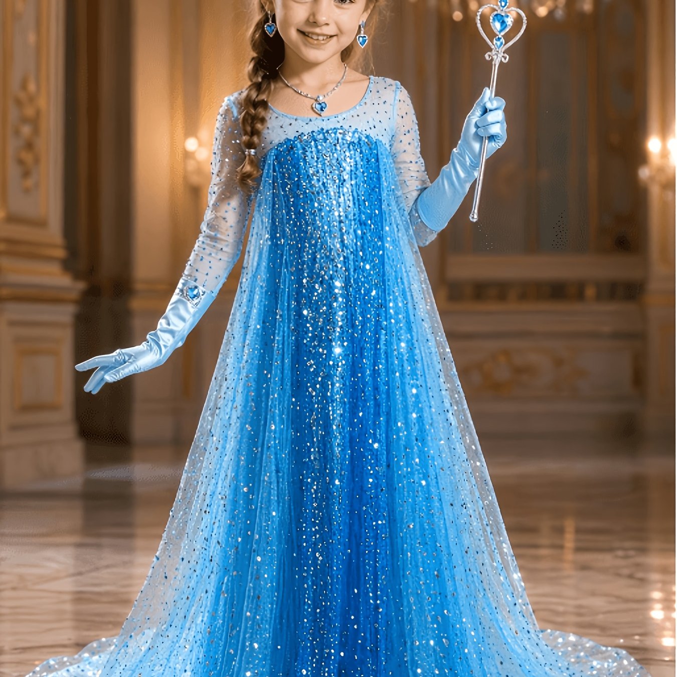 TEMU Girl's Long Sleeve Sequin Mesh Flared Tutu Skirt With Extra-long Hem, Birthday Party Performance Set, Includes Crown, Decorative Wand, Gloves,