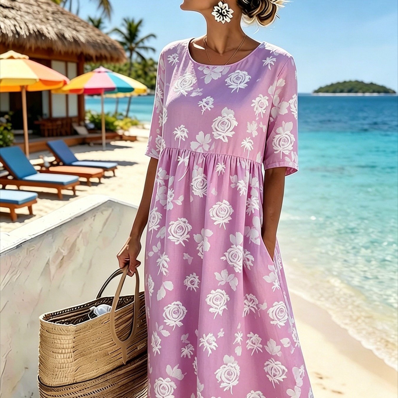 Women's Elegant Midi Dress - Casual 3/4-sleeve, Crew Neck, Loose-. Machine Washable. A Comfortable Beach & Vacation Dress, Perfect For Travel, Getaways, And Everyday .