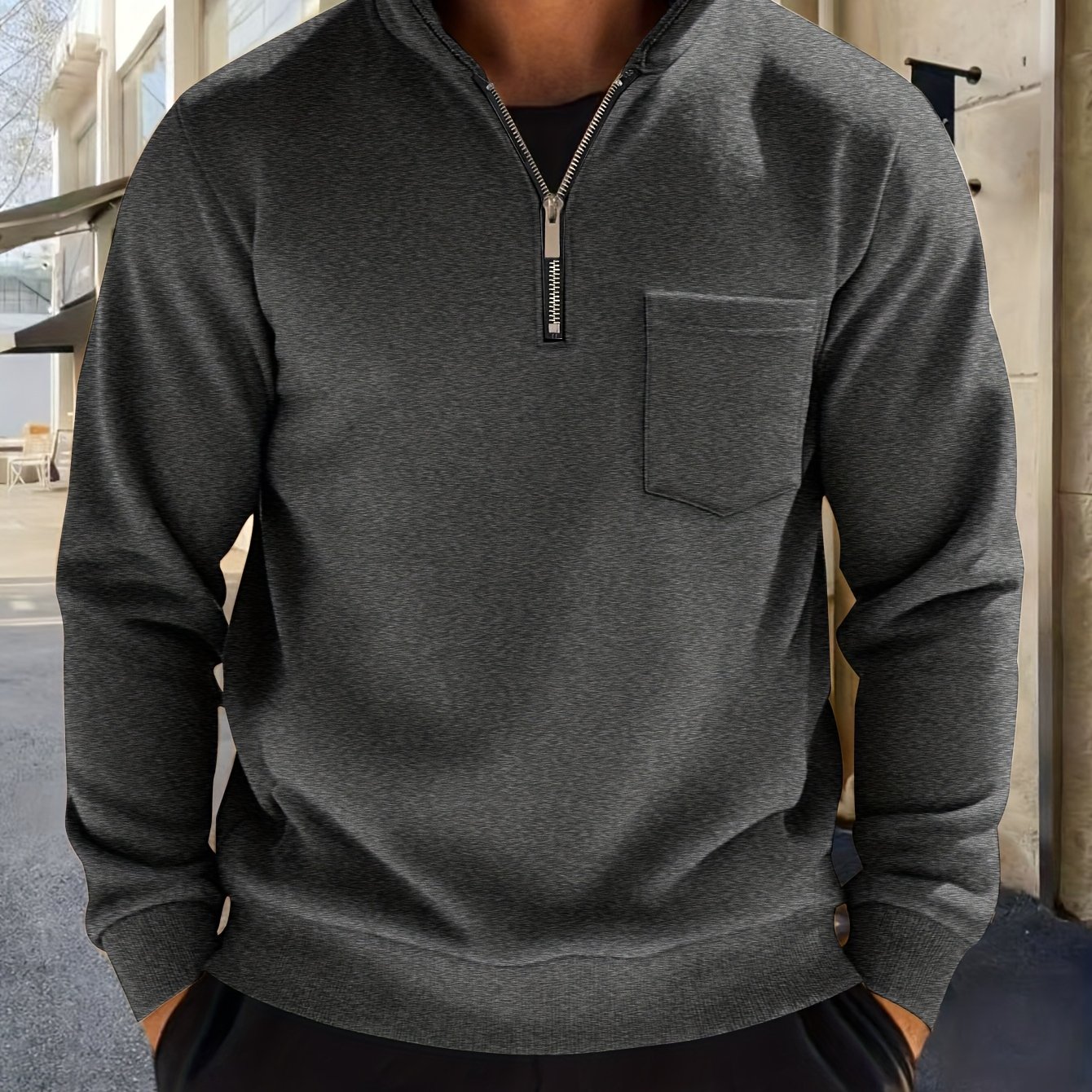 Men's Thickened Long Sleeve Shirt - Half Zipper, Versatile Long Sleeve Collared Base Layer, Casual All-match, With Pocket, Suitable For Autumn/winter