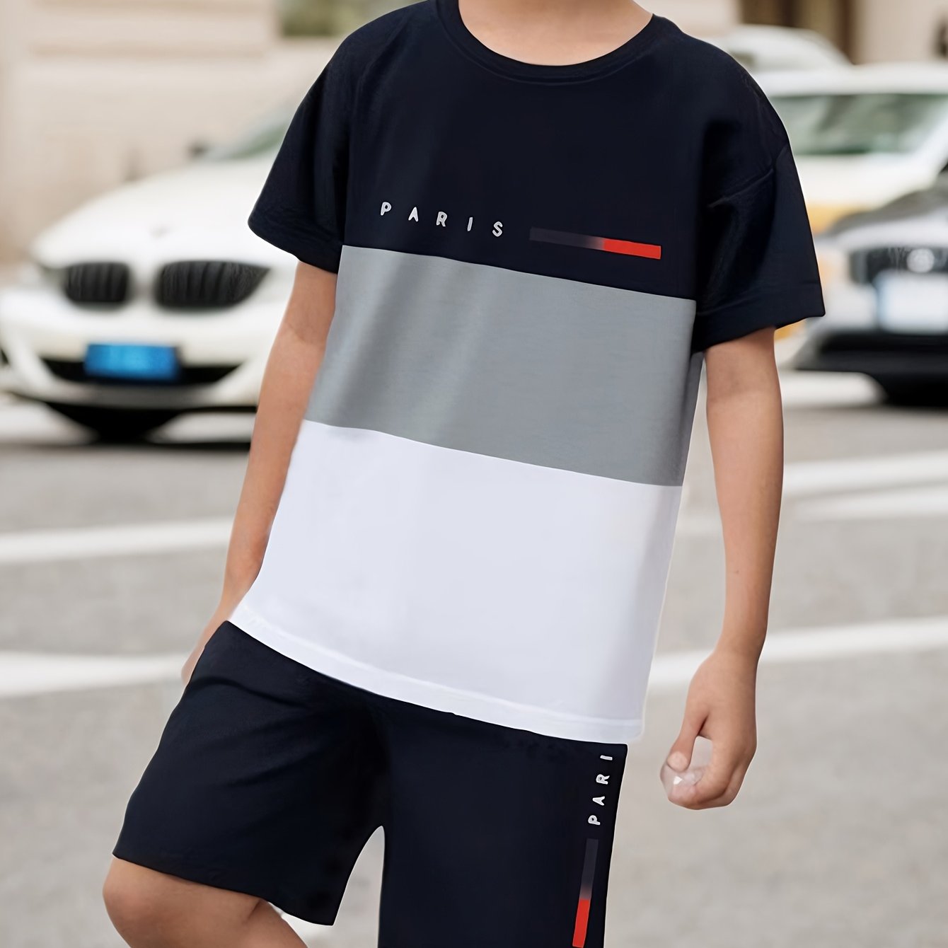 Image of A Two-piece Set For Boys Featuring A Short-sleeve T-shirt With A Colorful Letter Print And Matching Shorts, Perfect For Casual Wear And Outdoor Activities, For Outdoor
