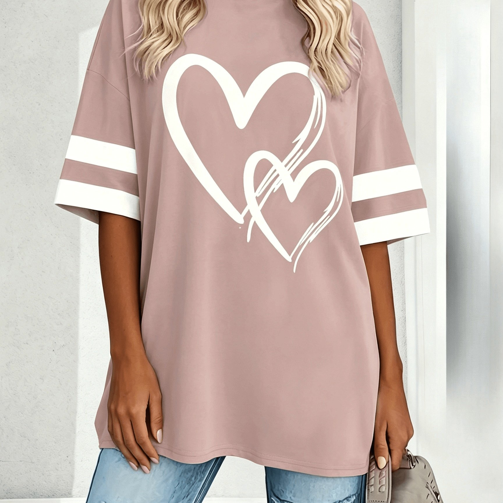 TEMU Plus Size - Women's Plus Size Casual Short Sleeve Heart Elegant Comfortable Pullover T-shirt