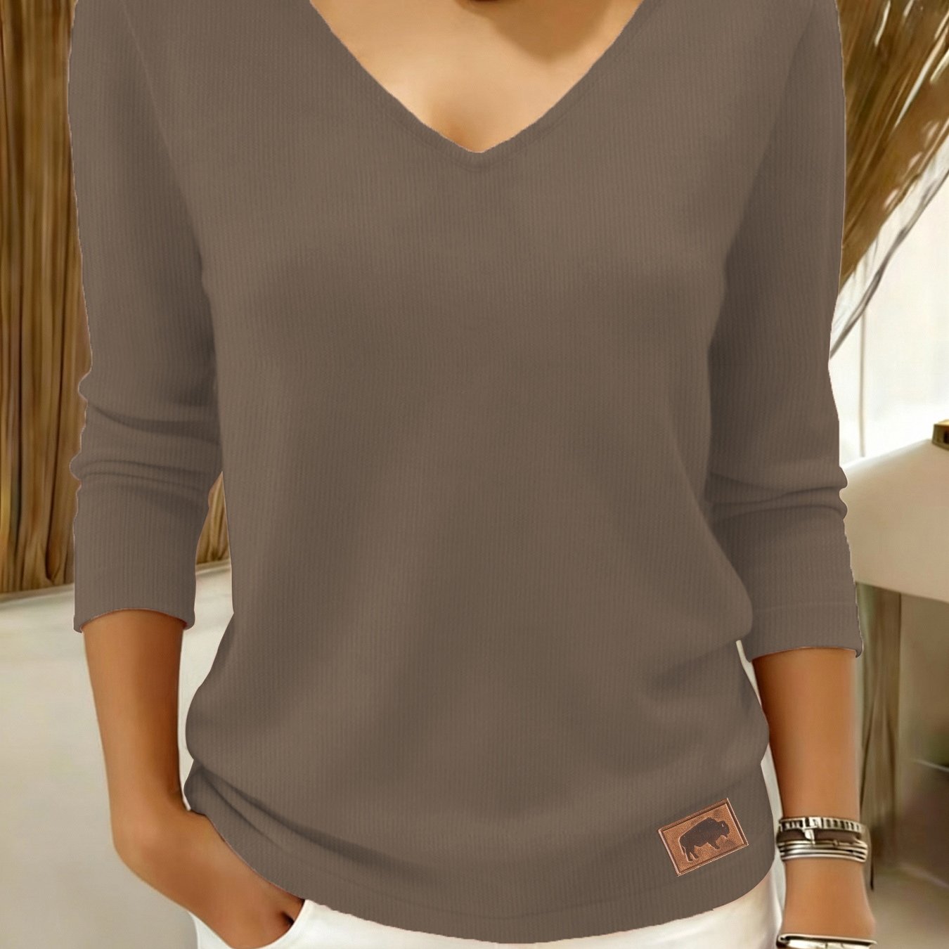 E-shop Lässiger Damen Pullover - Langärmliger, lockerer V-Ausschnitt, Micro-Elastisches, bequemes Top, Strukturiertes Design, Strapazierfähiges Gewebe,