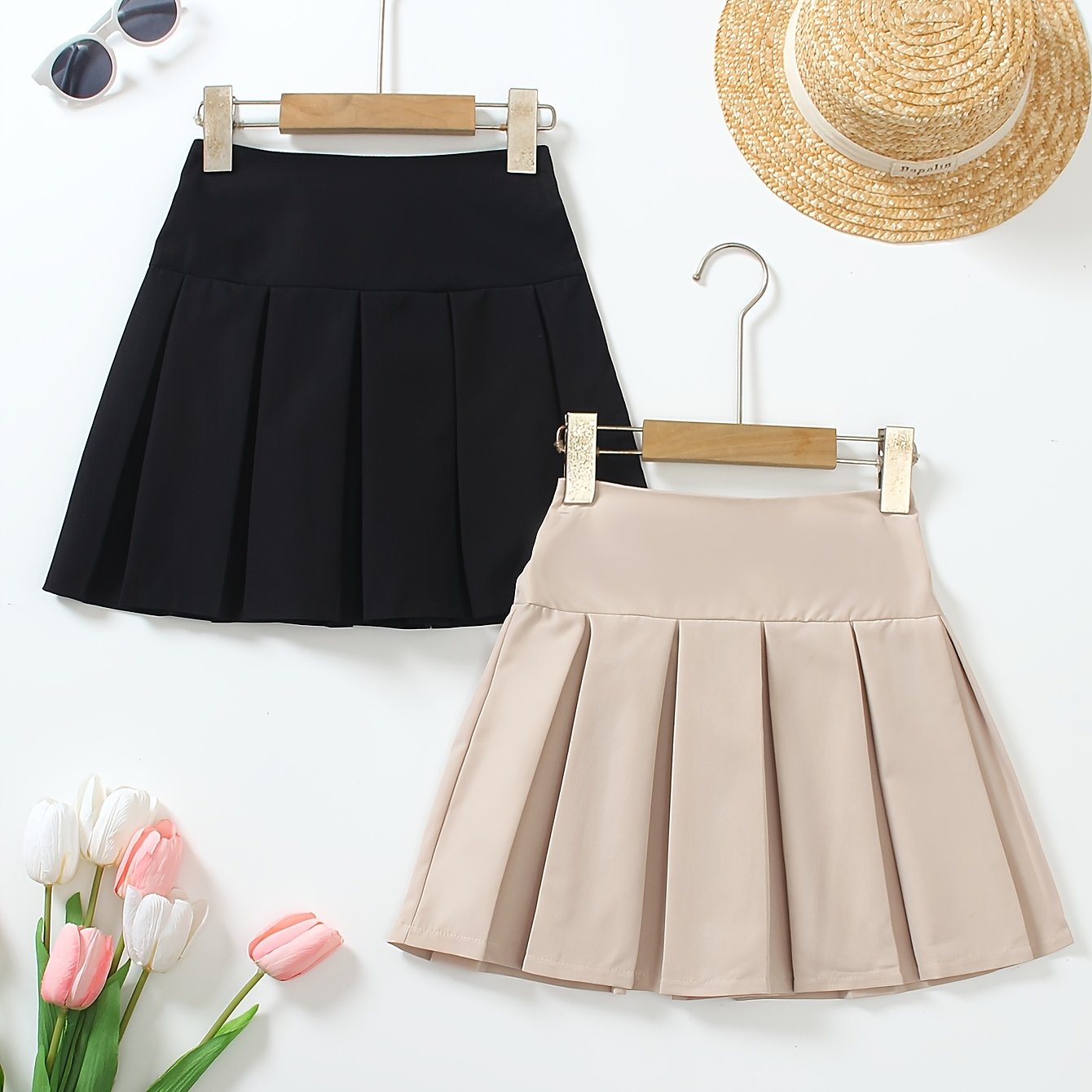 Image of Girls 2pcs Set Fashion Casual Versatile Cinched Pleated Skirt Preppy Style For Outing Spring Summer Gift, Back To School