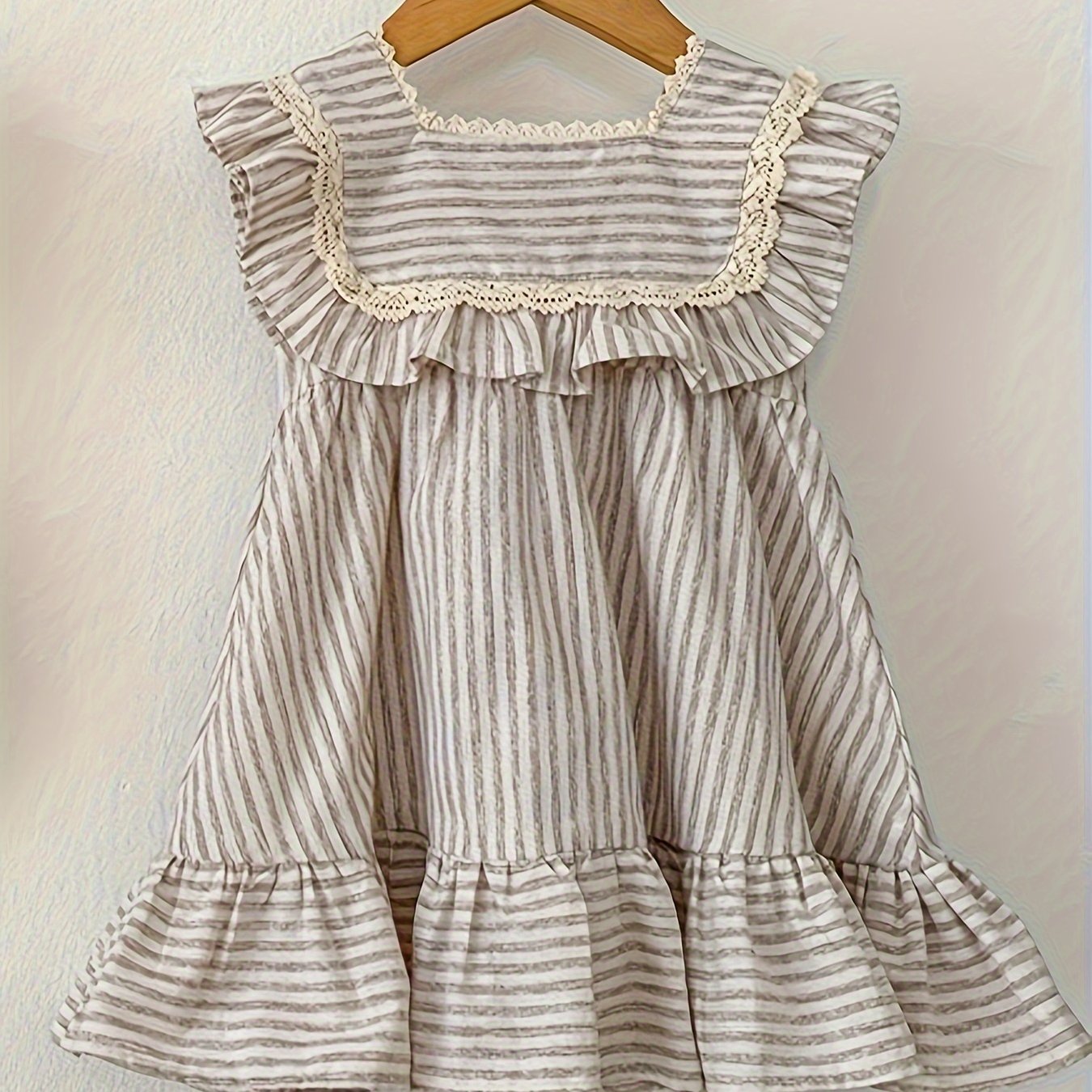 Image of A6015 Girls' Summer Korean Style Striped Ruffle Hem Cute Lace Square Neck Loose Fit Elegant Dress, Sister Matching Outfit