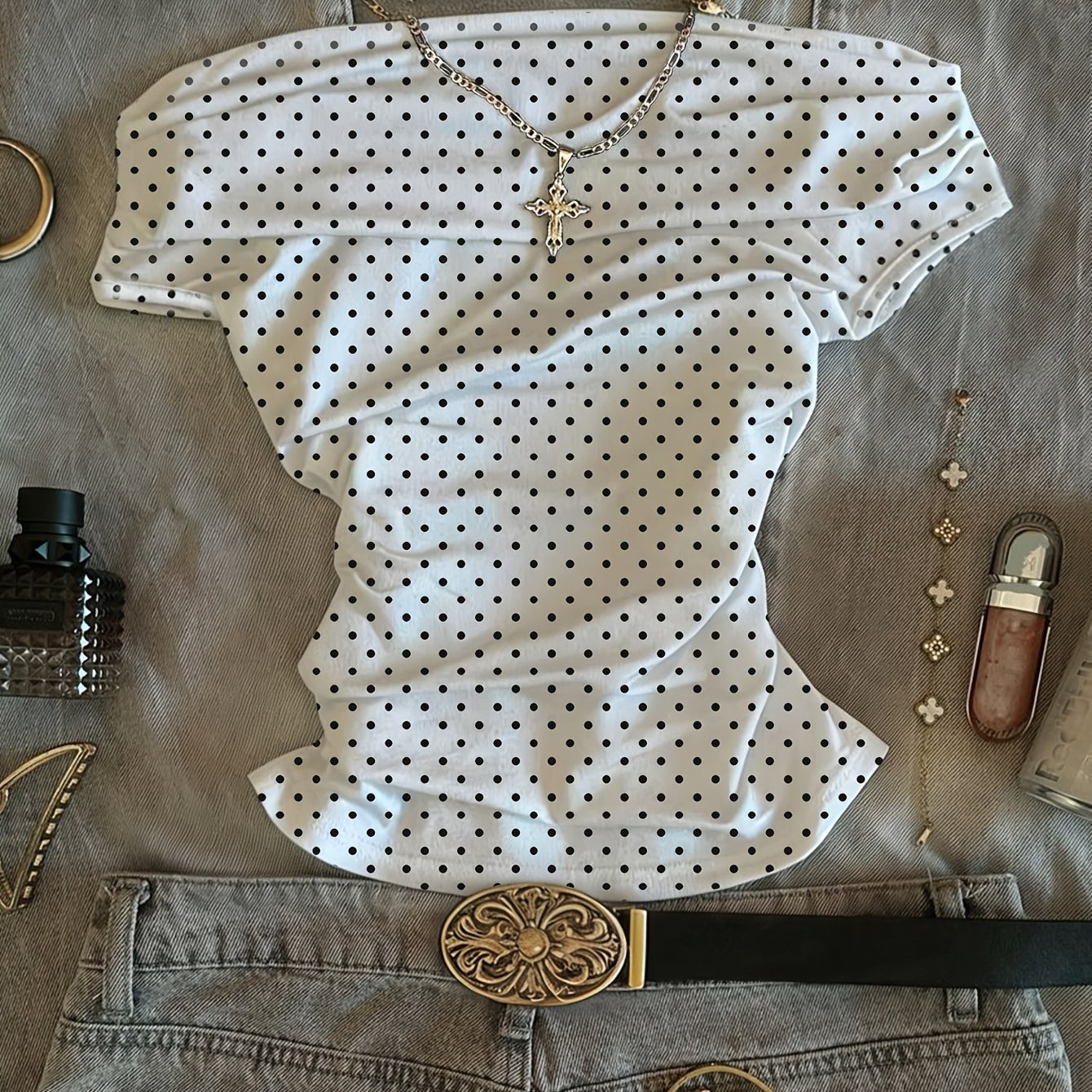 TEMU Women'-piece Polka Dot Color Block Off-the-shoulder Fashion T-shirt Top