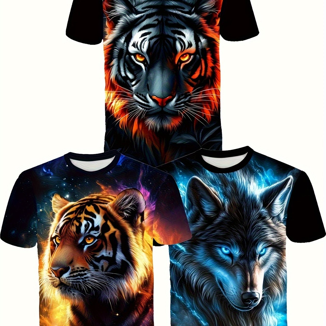 Image of Set Of ' Vibrant T-shirts Featuring Tiger And Wolf Prints - Soft, Stretchy Short-sleeve Round Neck Design For Summer Outdoor Casual Wear, Suitable For Teens And Children