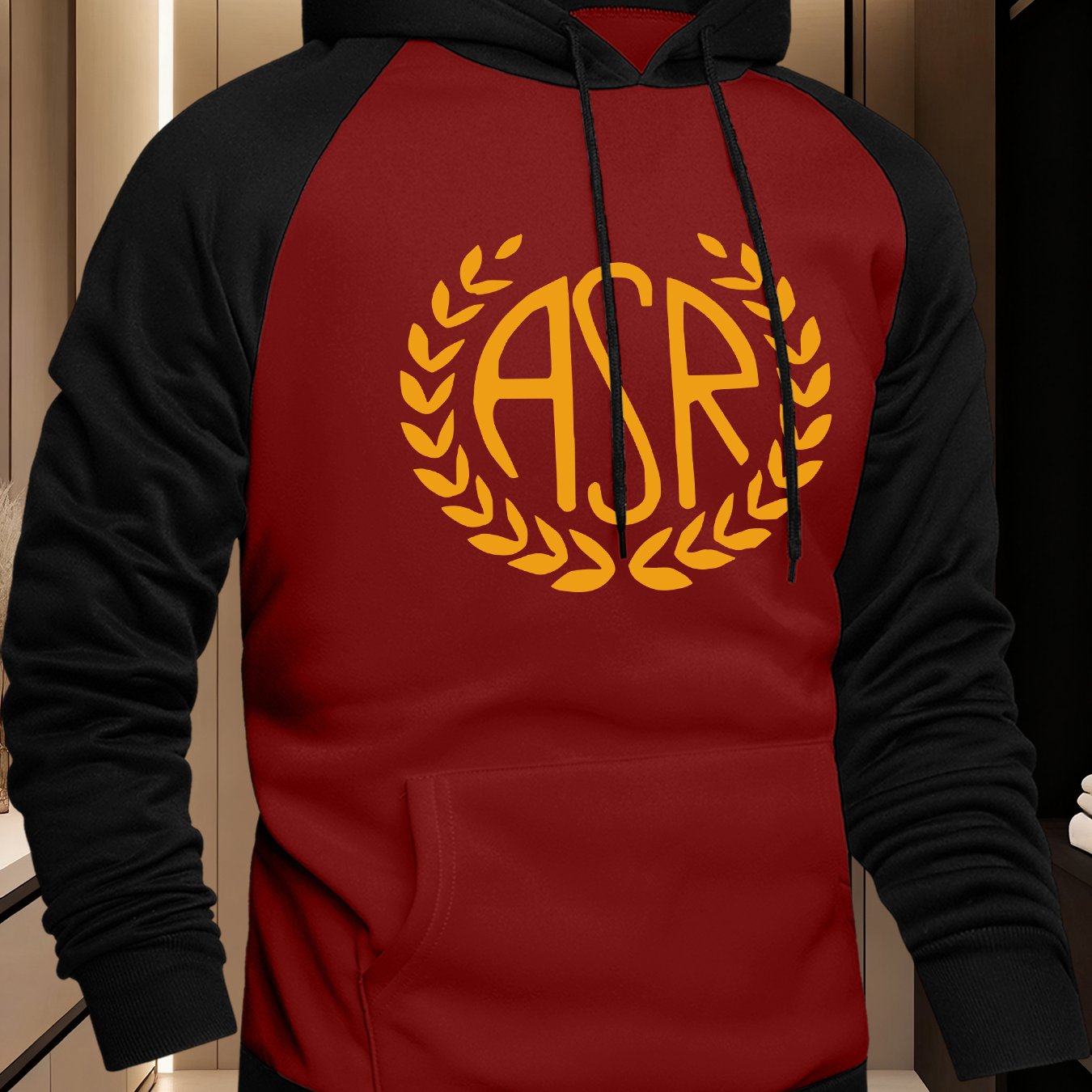 TEMU Men's Hooded Color- Sweatshirt Featuring Asr Pattern Elements, A Stylish And Versatile Design With A Comfortable Raglan Sleeve Fit