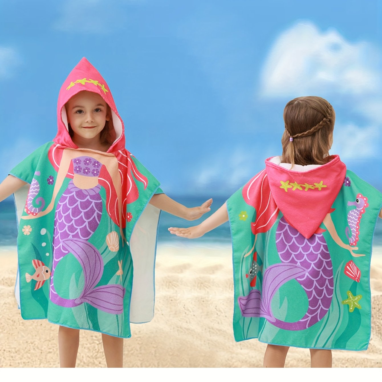 Image of A Single Piece Girls' Bathrobe Featuring Animal Cartoon Designs, With A Hood, Suitable For The Beach And Indoor Parties