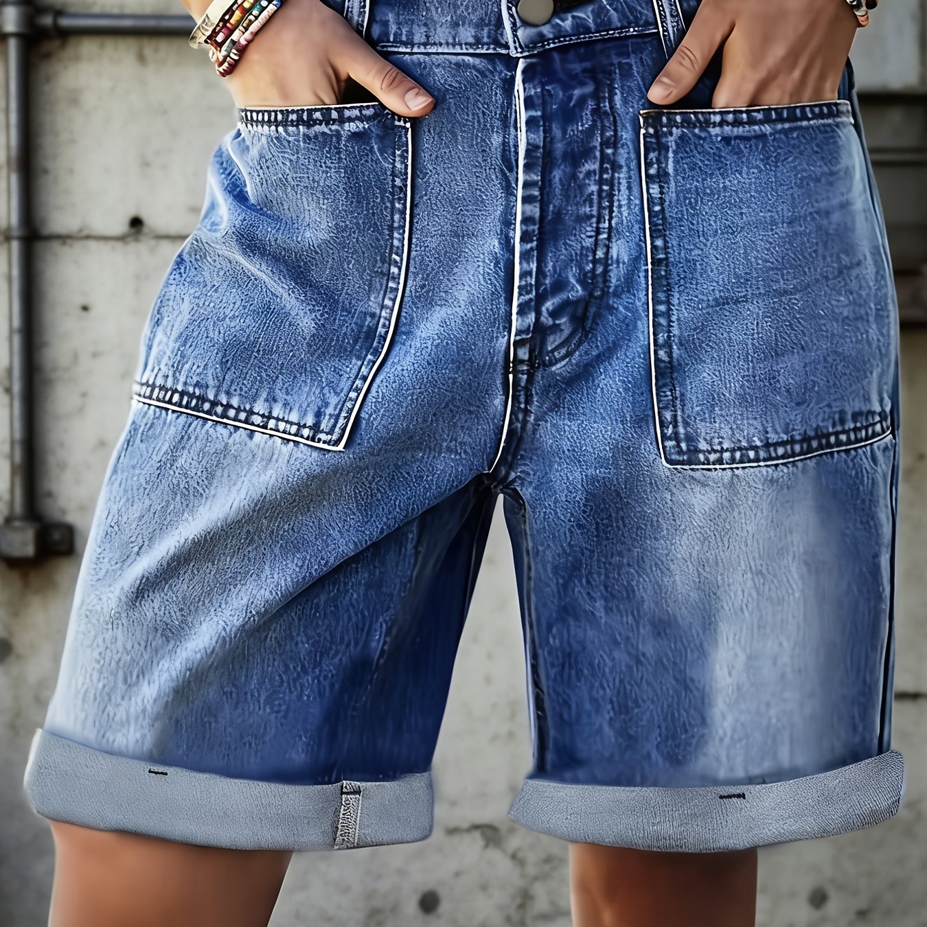 Image of Women's Blue Bermuda Multi-pocket Cargo Mid-waist Stretch Denim Shorts, Women' Blue -point Denim Capris, Straight-leg Cargo Denim Shorts Machine Washable, Suitable For