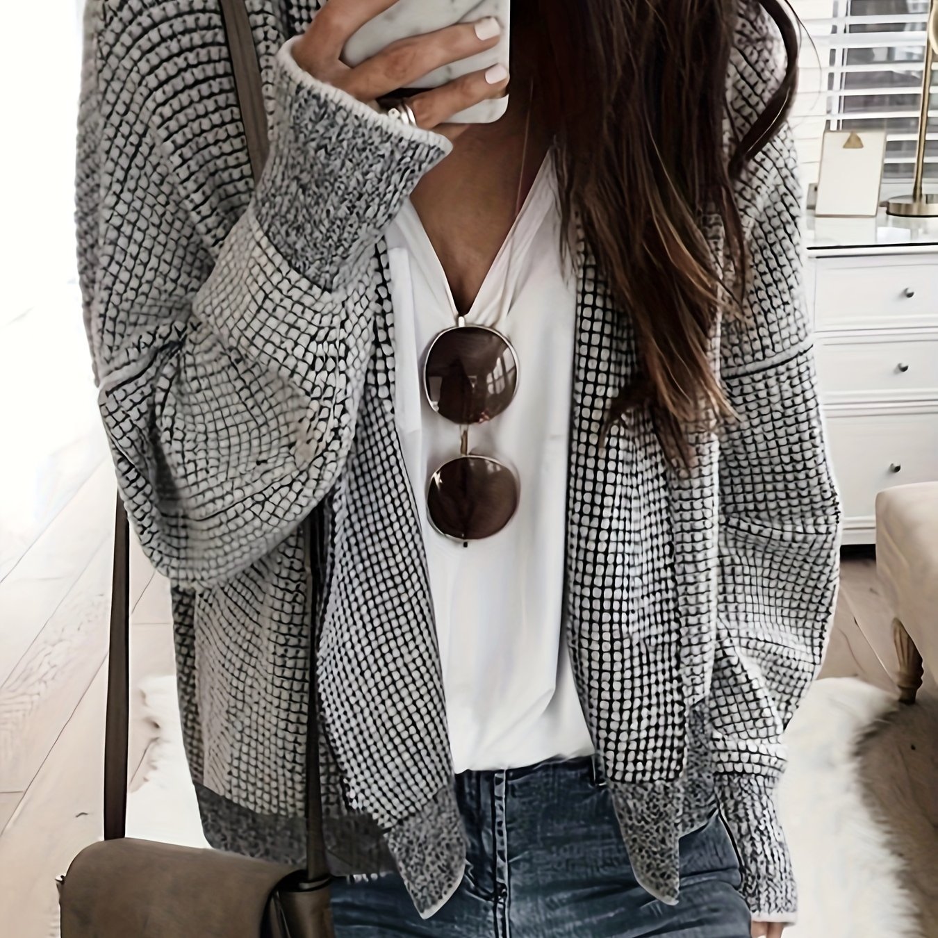 E-shop Damen-Cardigan mit Karomuster Farbblock-Besatz, dicke Freizeit-Pulloverjacke, Niannian