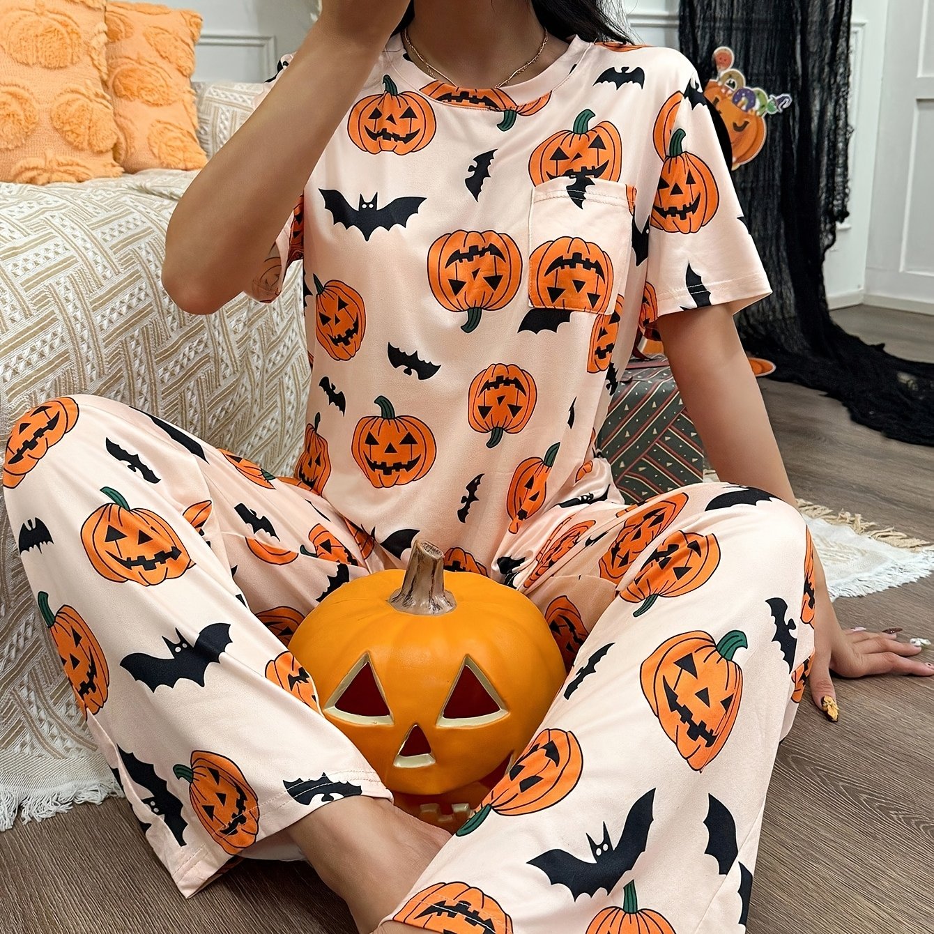 TEMU Halloween Cartoon Pumpkin Bat Print Short-sleeve Long Pants Pajama Set