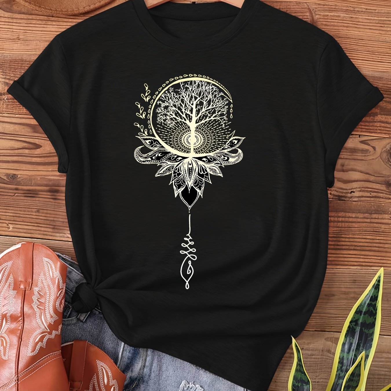 TEMU For Lotus Mandala Circle Spiritual Ze Meditation Print T-shirt, Short Sleeve Crew Neck Casual Top For Summer & Spring, Women's Clothing