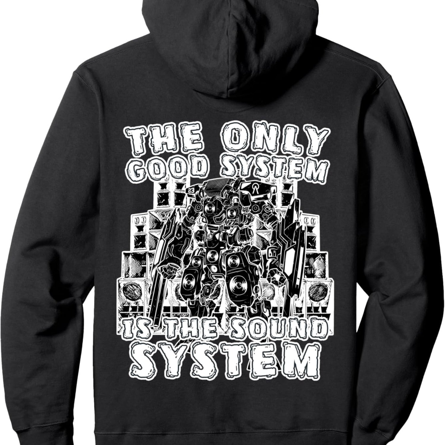 Image of Men's Tekno 23 Dj Rave Pa System Graphic Hoodie- System Is Sound , Black Casual Long Sleeve Pullover With Pockets, Music Lovers, Apparel Hoodie Durable Fabric Hoodie