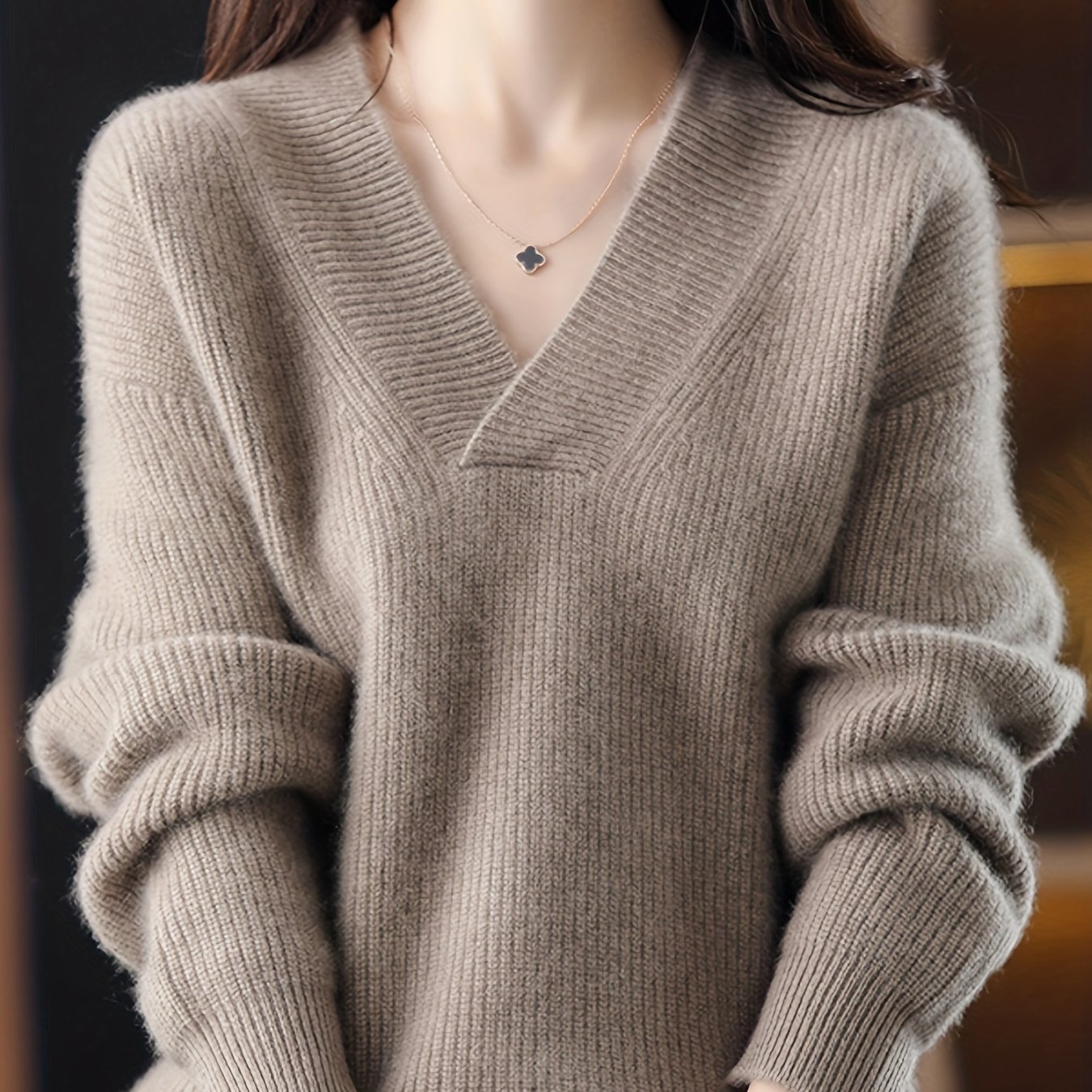 TEMU Elegant V-neck Sweater For Women - Cozy Thick Knit Pullover, Solid Color, Long Sleeve, Acrylic Cashmere Blend, Fall/winter