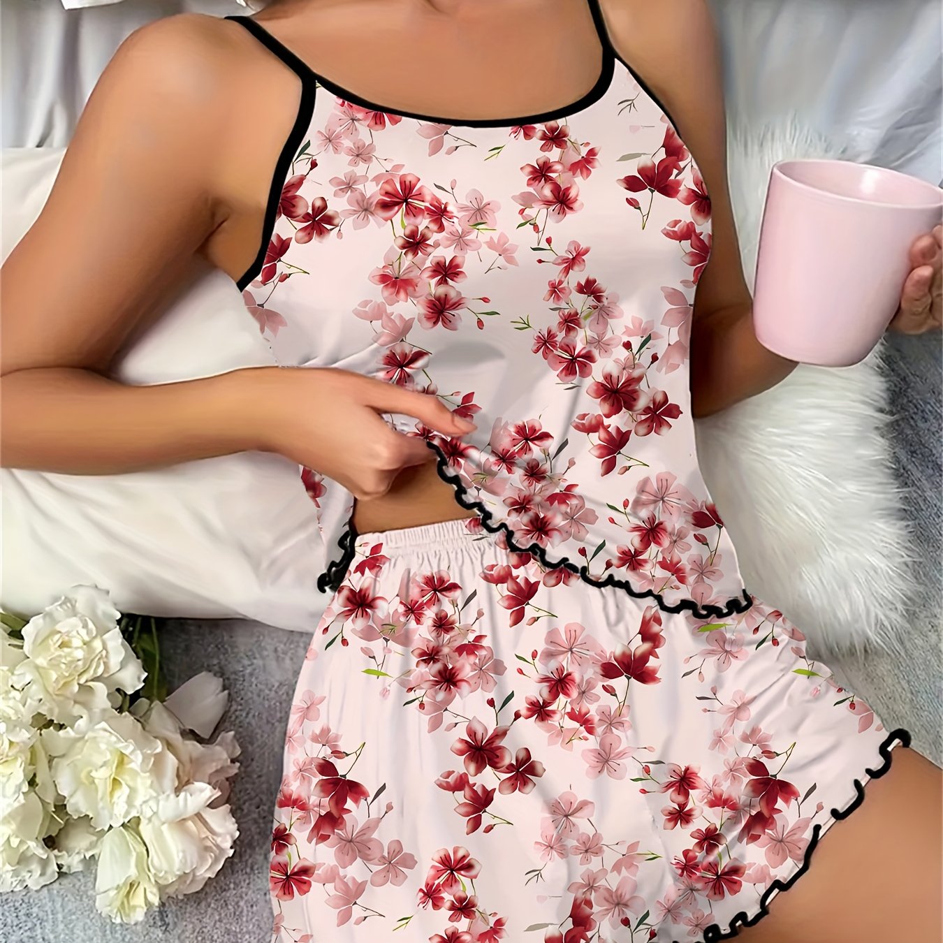 Two-piece Floral Print Women's Camisole And Shorts Pajama Set