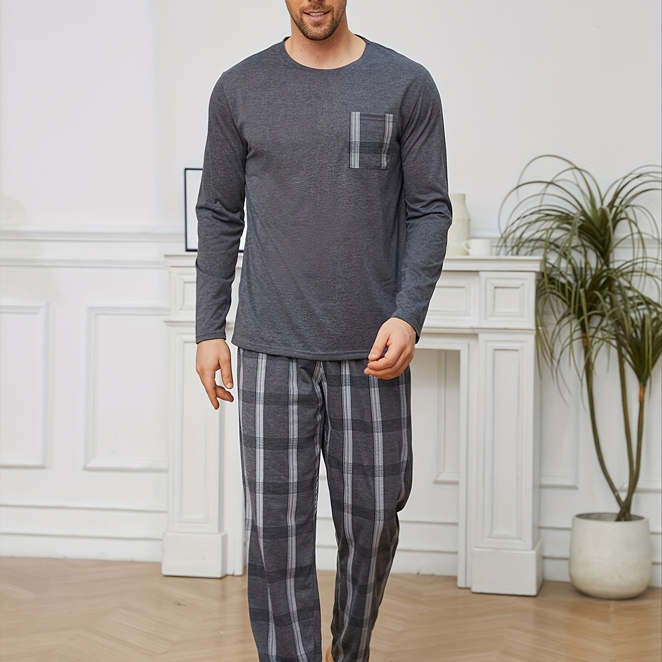 Men's Casual Pajama Set - Long Sleeve Round Neck T-shirt & Pants, Stretchy Polyester Blend, Spring/fall