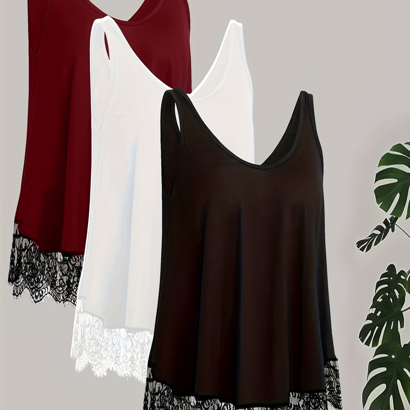 Image of Plus Size - Plus Size - Plus Size Women's 3pcs Set, Summer Women's Plus Size Contrast Lace Cami, Casual Round Neck Sleeveless Tank
