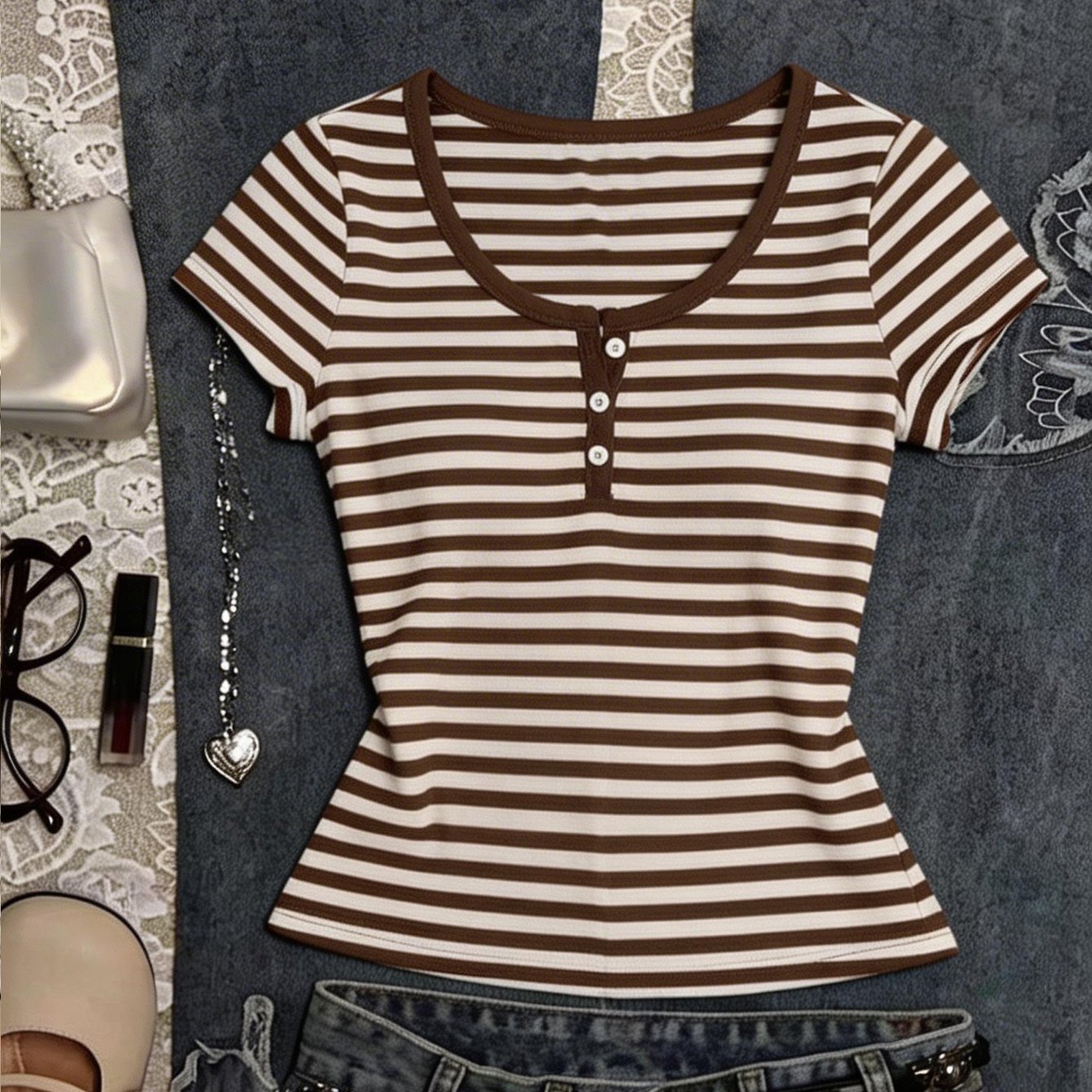 TEMU Women's Fashion Retro Striped Short Sleeve T-shirt, Summer Trendy Round Neck Tie-front Casual Top